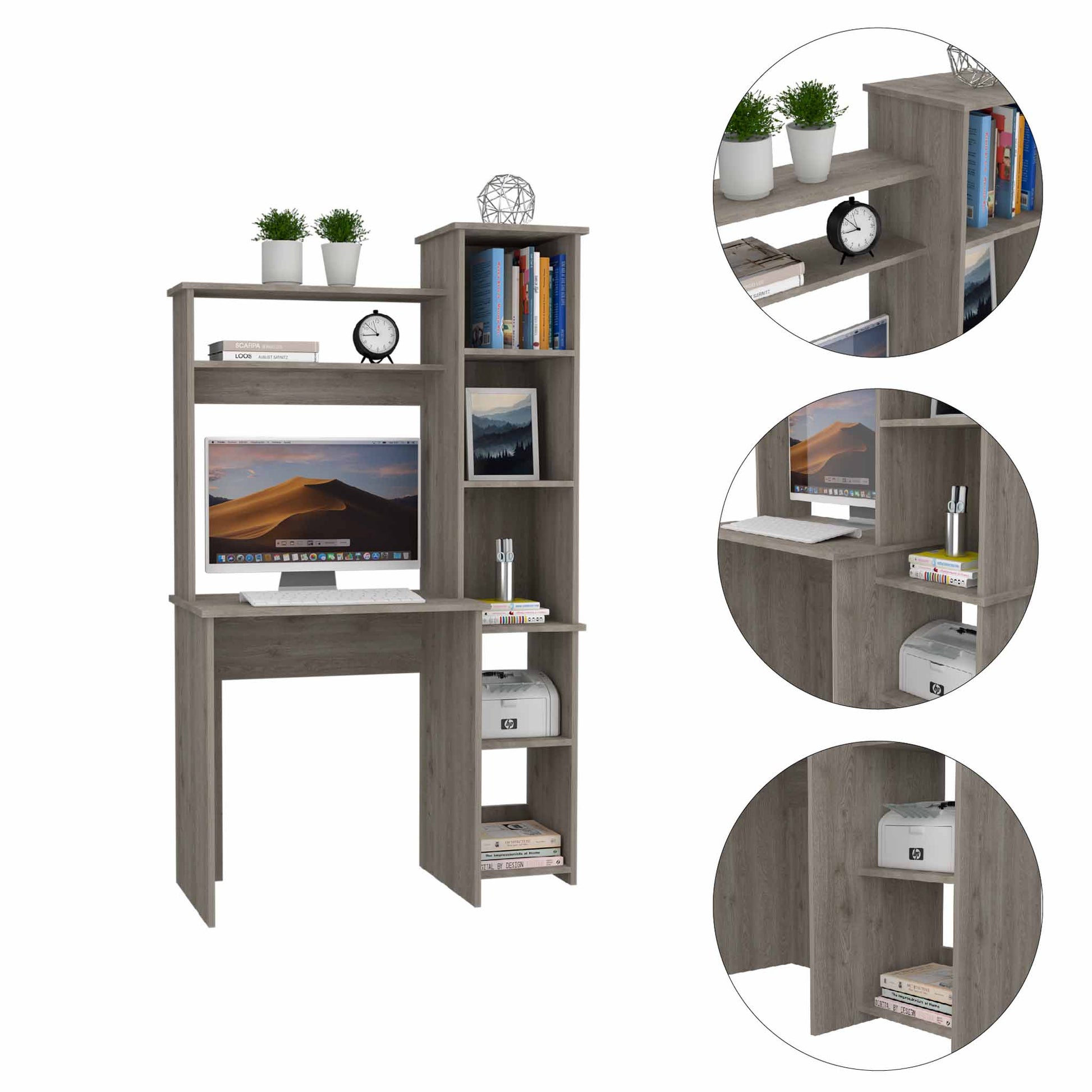 Light Grey 6-Shelf Desk with Bookcase - Home Office Storage