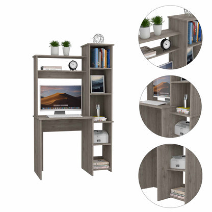 Light Grey 6-Shelf Desk with Bookcase - Home Office Storage