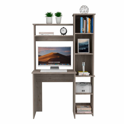Light Grey 6-Shelf Desk with Bookcase - Home Office Storage
