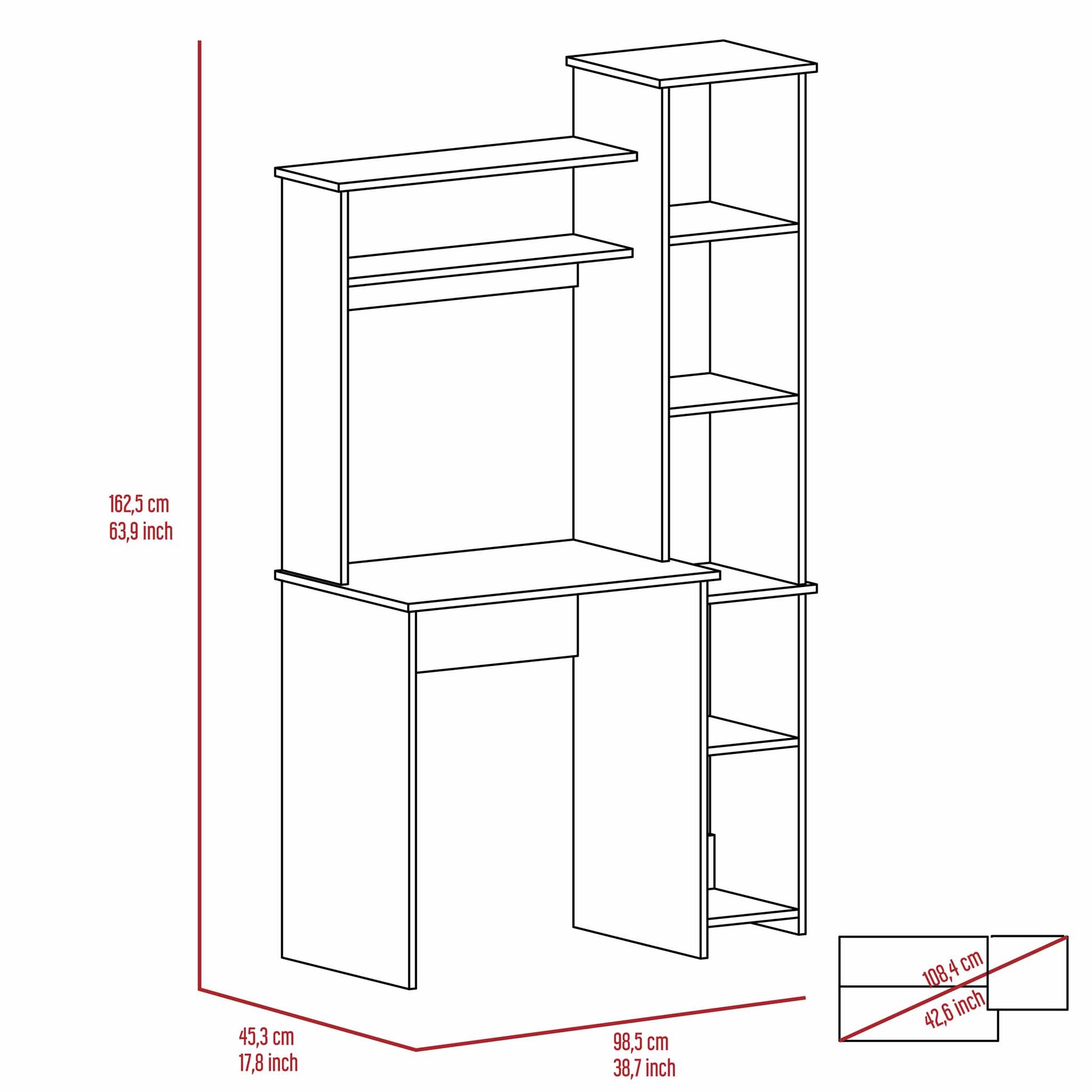 Light Grey 6-Shelf Desk with Bookcase - Home Office Storage