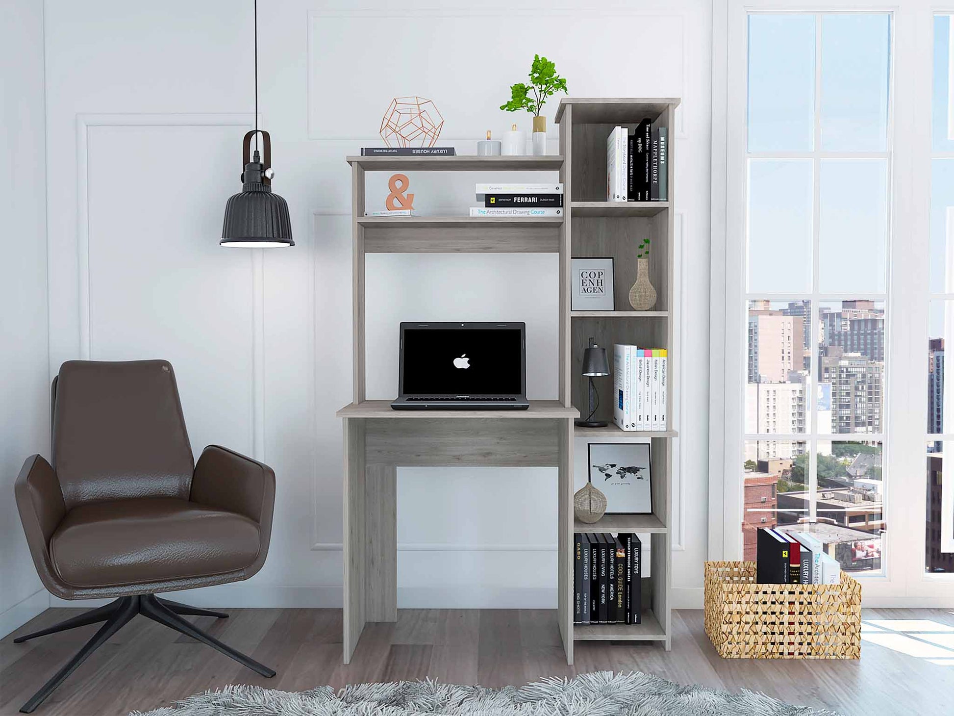 Light Grey 6-Shelf Writing Desk with Built-in Bookcase