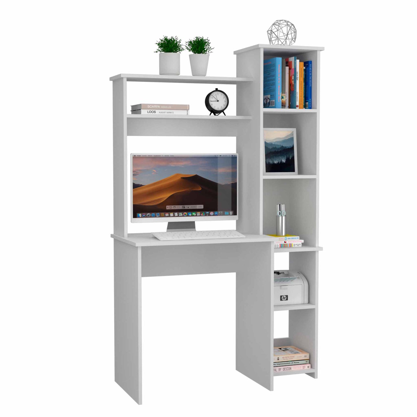 White 6-Shelf Desk with Bookcase - Home Office Storage