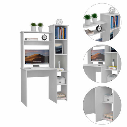 White 6-Shelf Desk with Bookcase - Home Office Storage