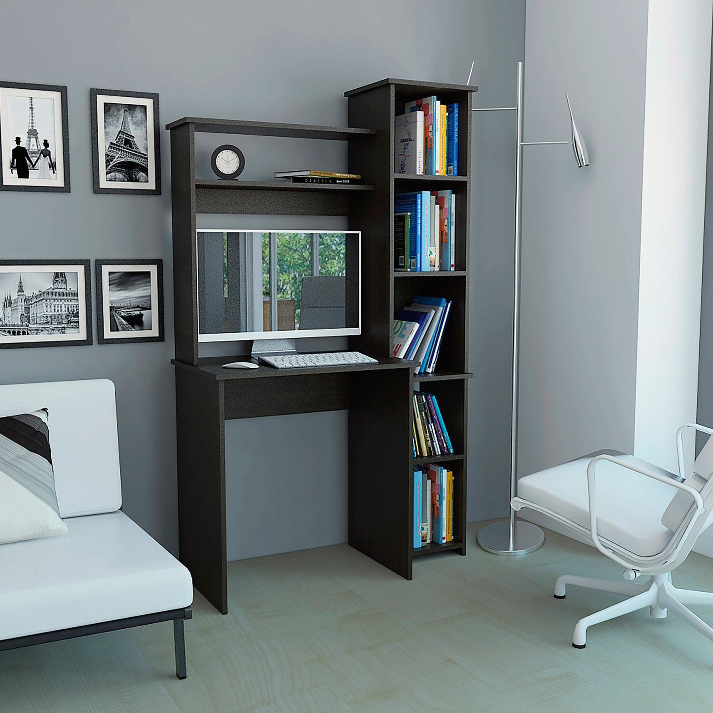 Wenge 6-Shelf Writing Desk with Built-in Bookcase