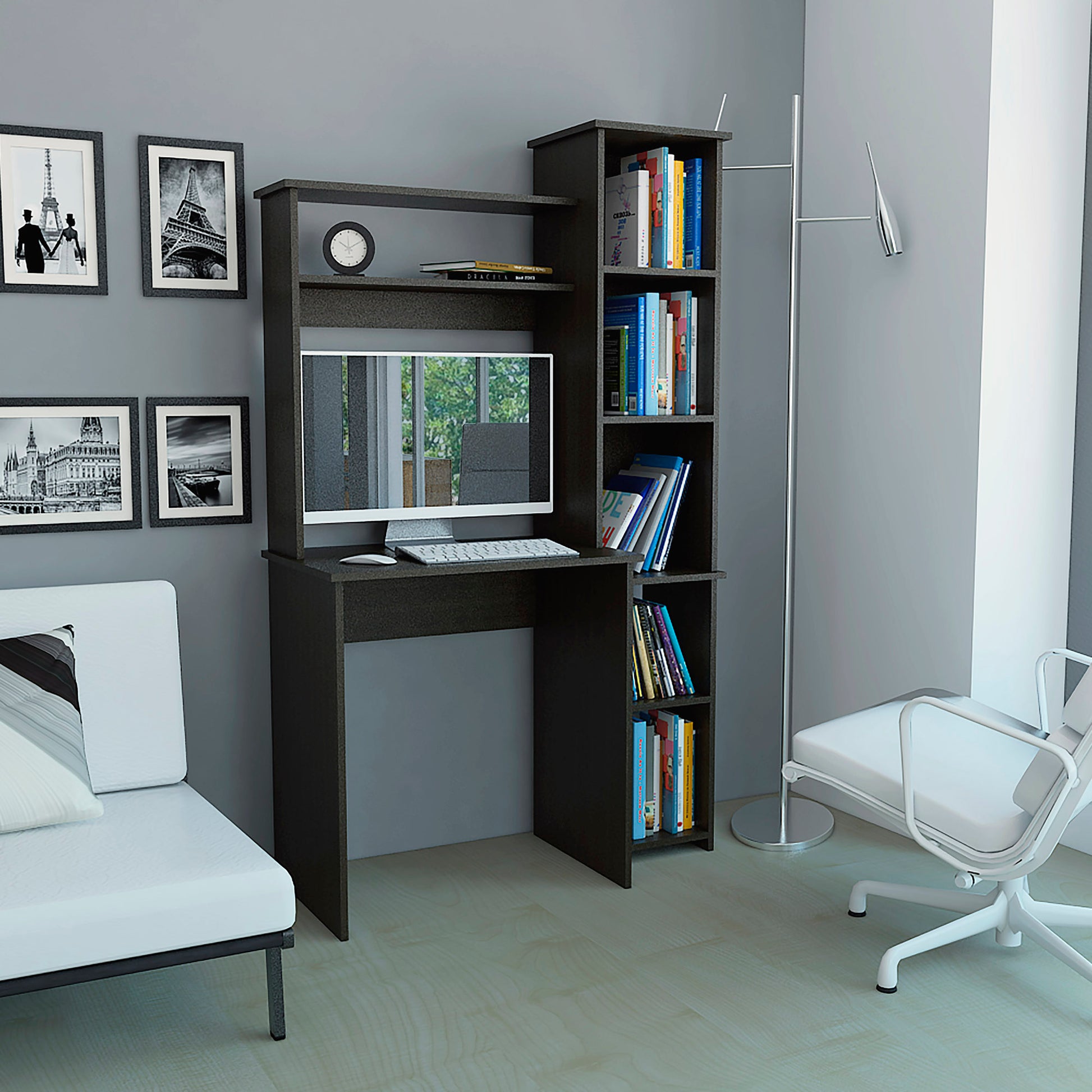 Wenge 6-Shelf Writing Desk with Built-in Bookcase