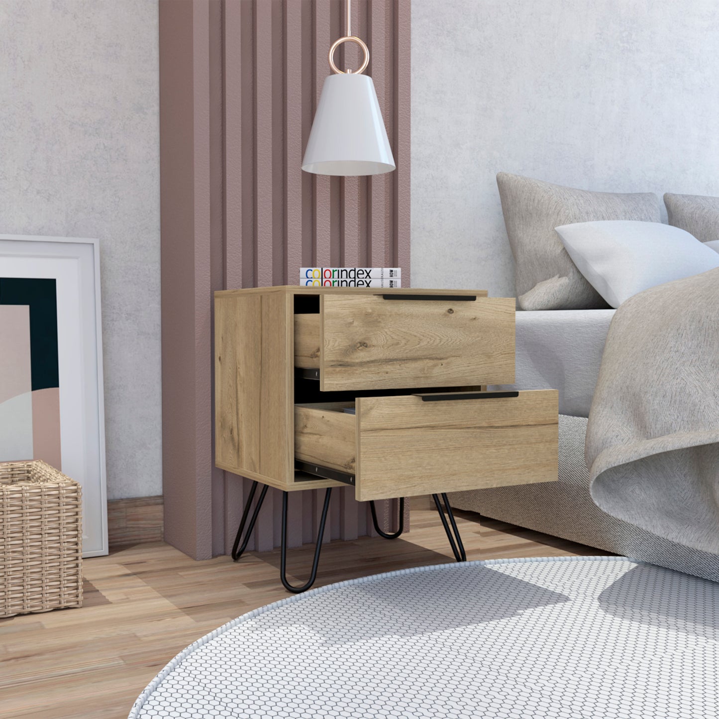 Light Oak 2-Drawer Nightstand - Rectangle Storage