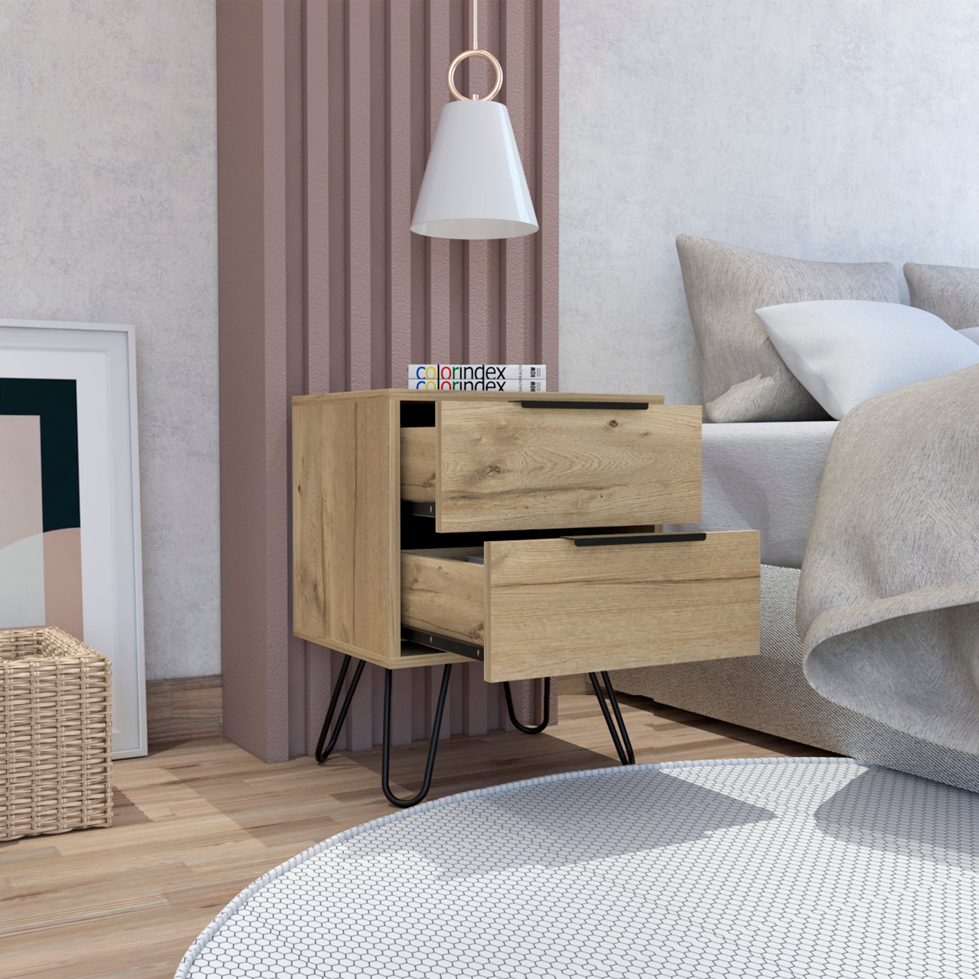 Light Oak 2-Drawer Nightstand - Rectangle Storage