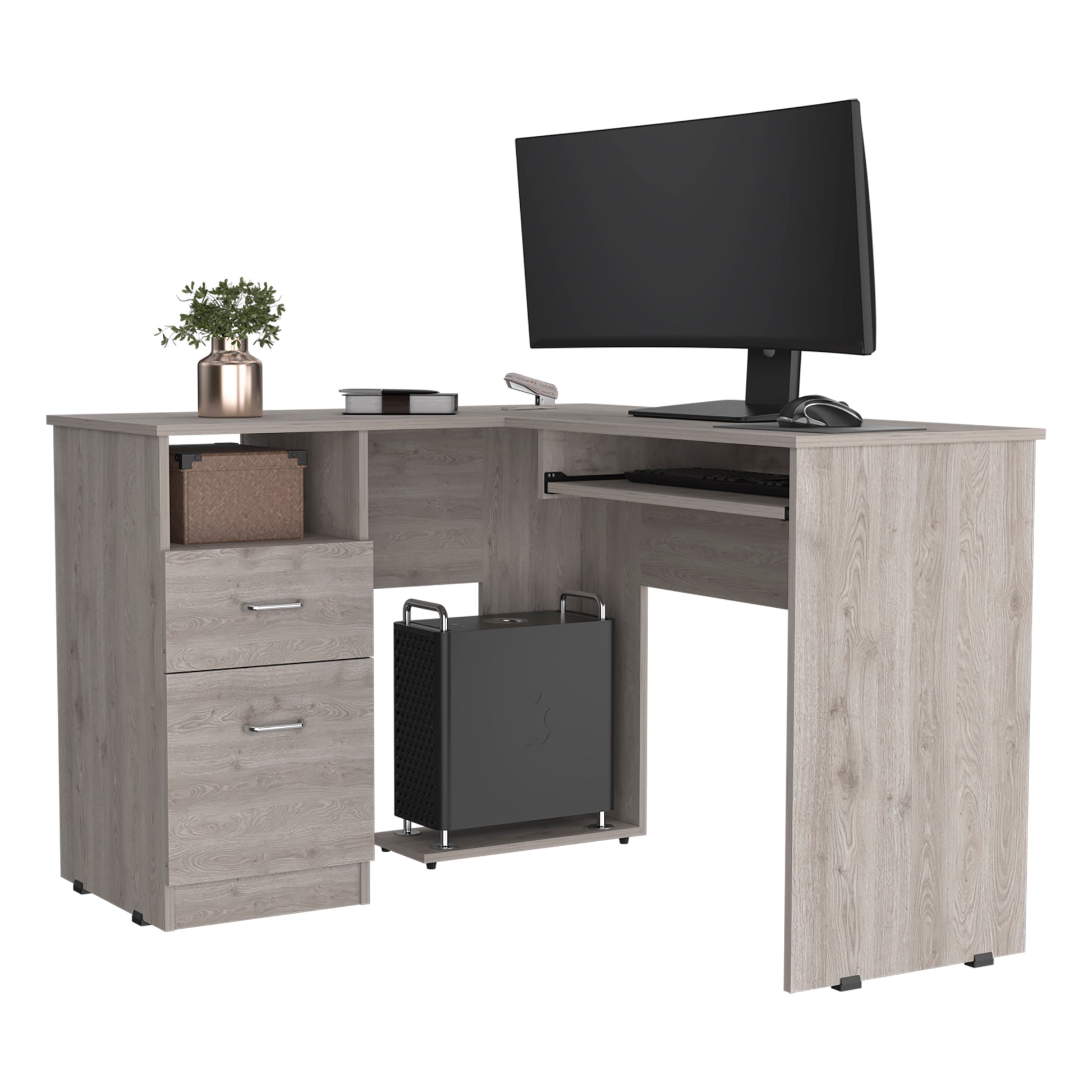 Light Gray L-Shaped Desk 2 Drawers 1 Shelf