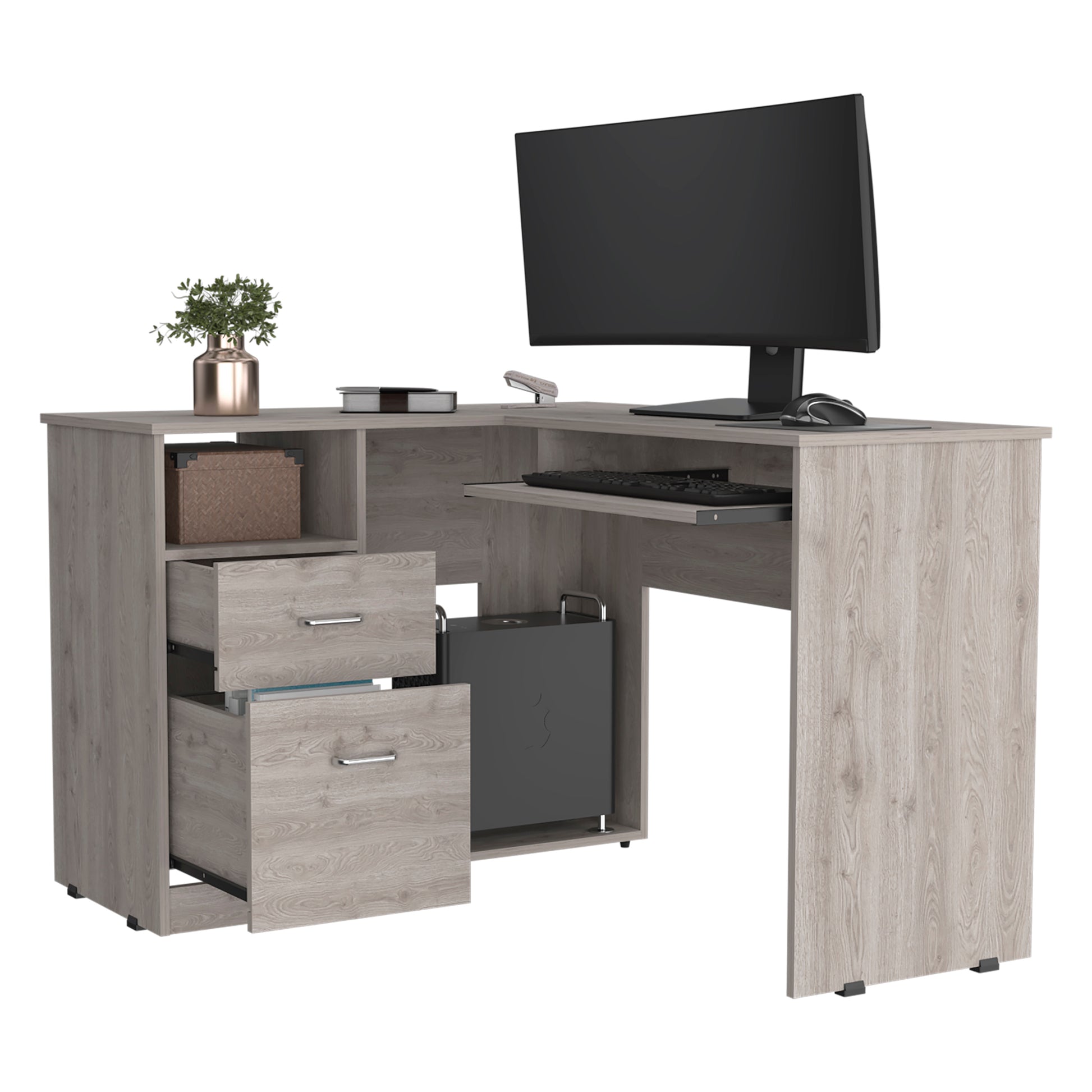 Light Gray L-Shaped Desk 2 Drawers 1 Shelf