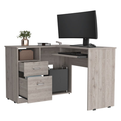Light Gray L-Shaped Desk 2 Drawers 1 Shelf