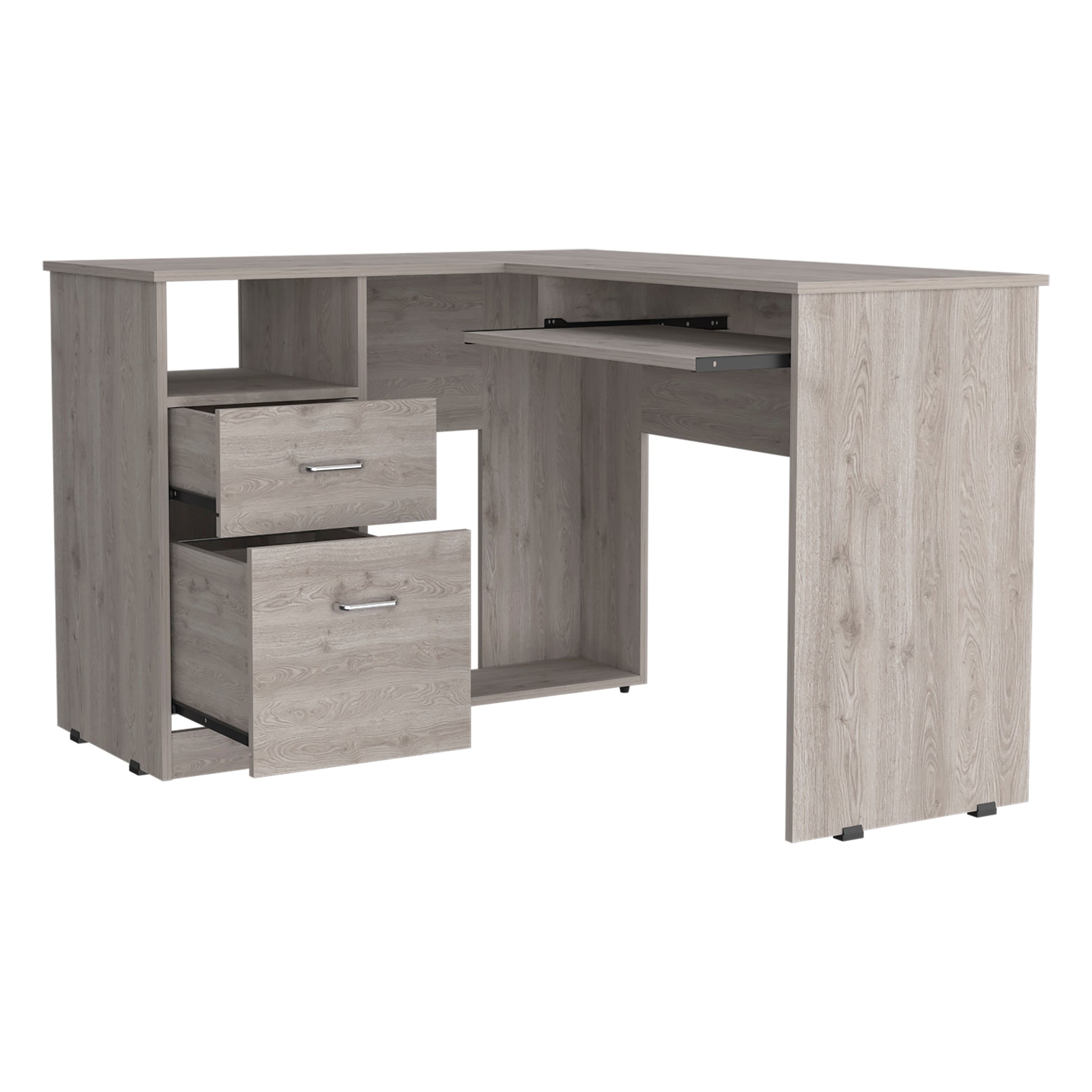 Light Gray L-Shaped Desk 2 Drawers 1 Shelf