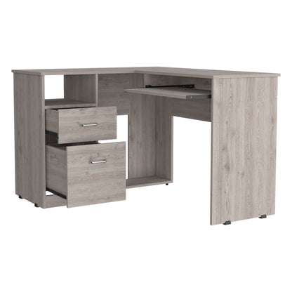 Light Gray L-Shaped Desk 2 Drawers 1 Shelf
