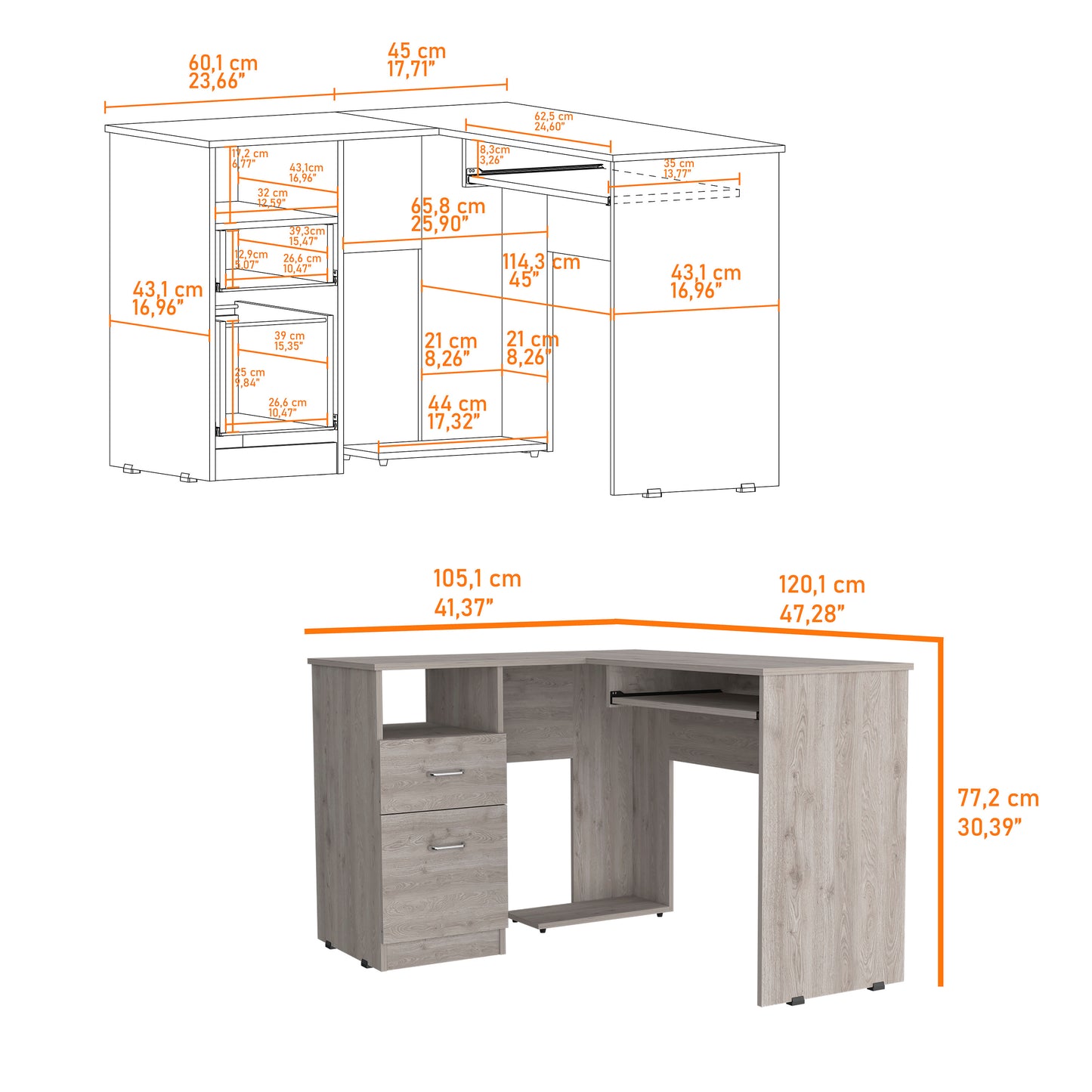 Light Gray L-Shaped Desk 2 Drawers 1 Shelf