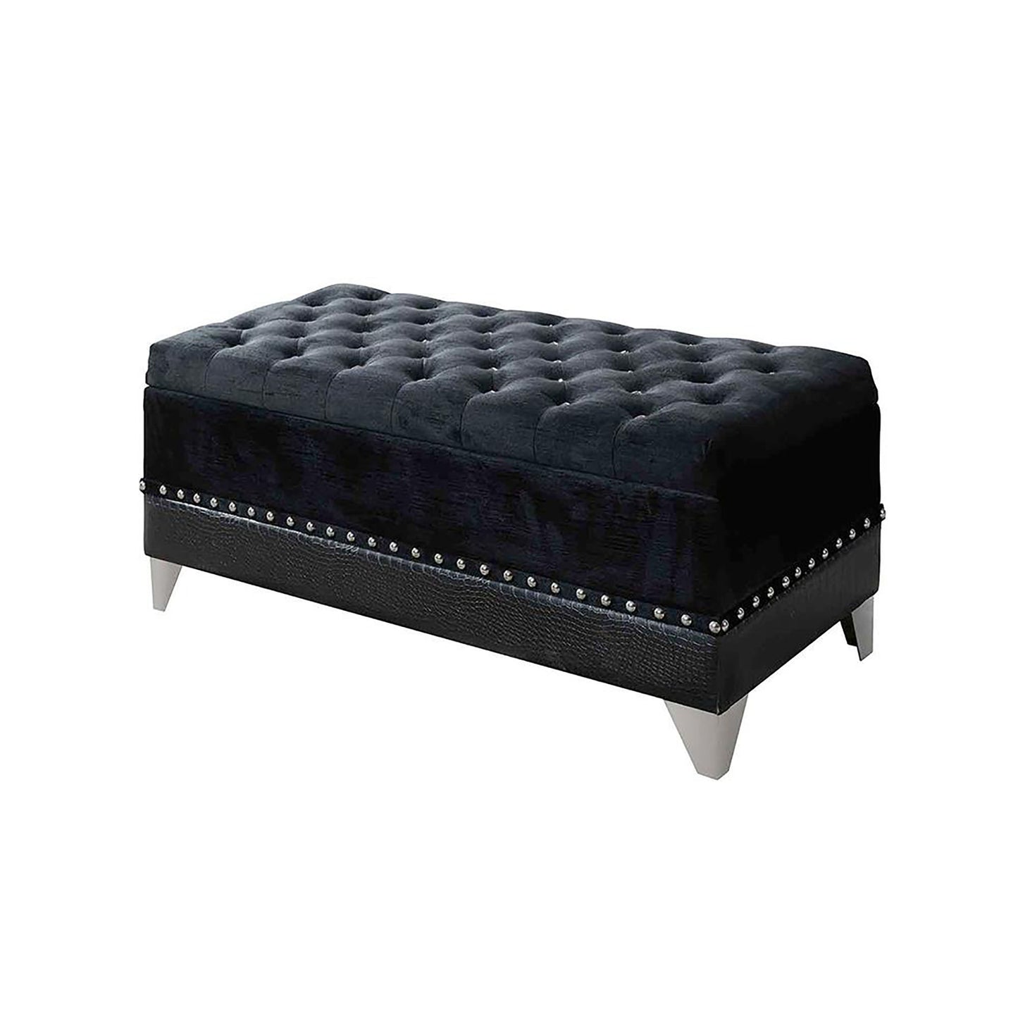 Black Velvet Tufted Storage Bench with Metallic Legs for Bedroom