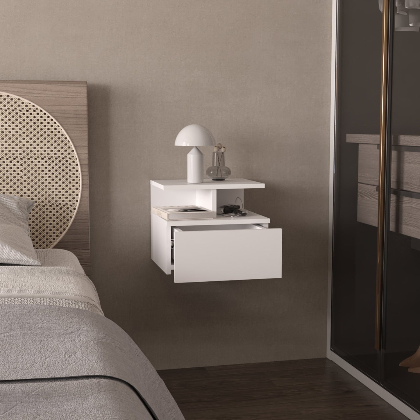 White Floating Nightstand with One Drawer for Bedroom
