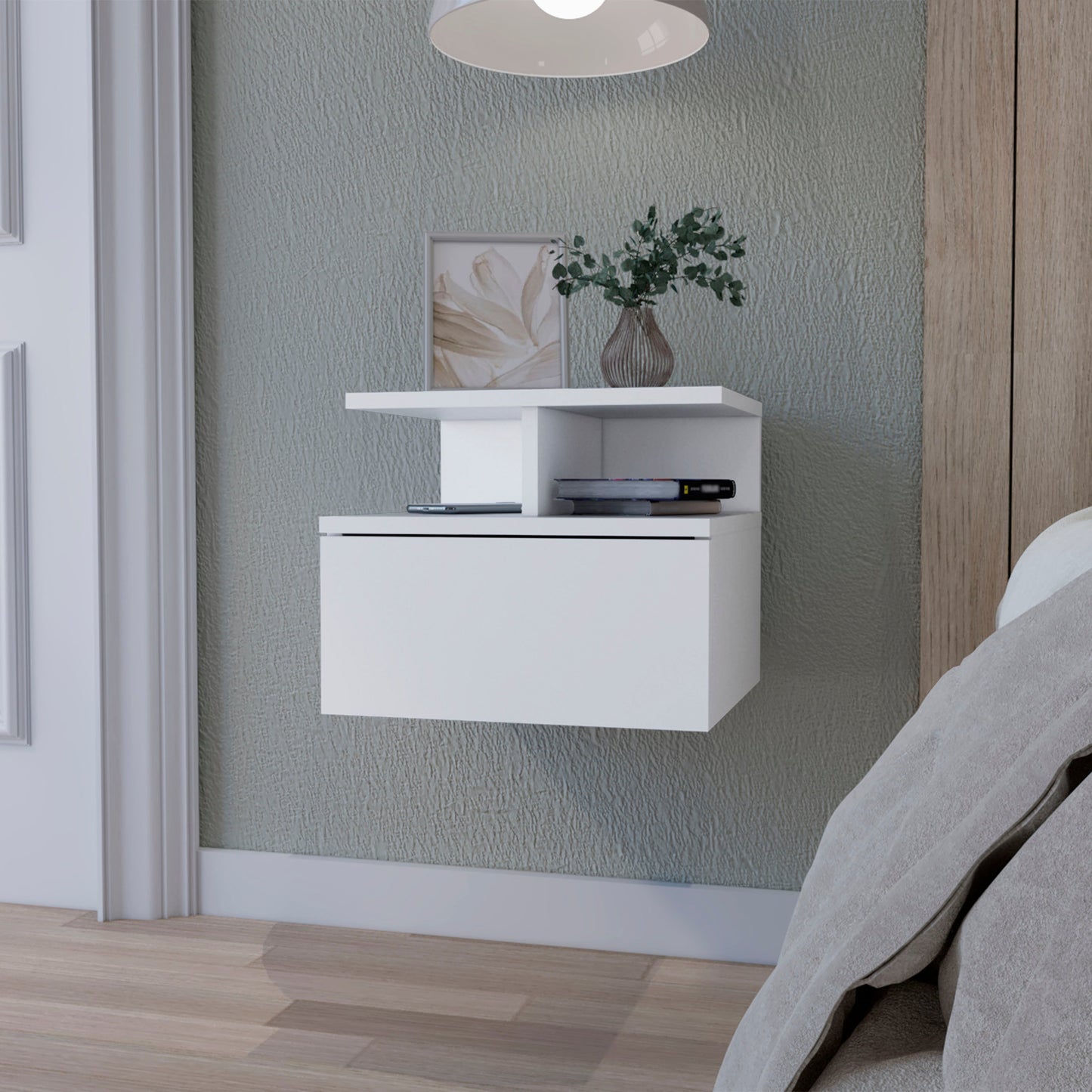 White Floating Nightstand with One Drawer for Bedroom