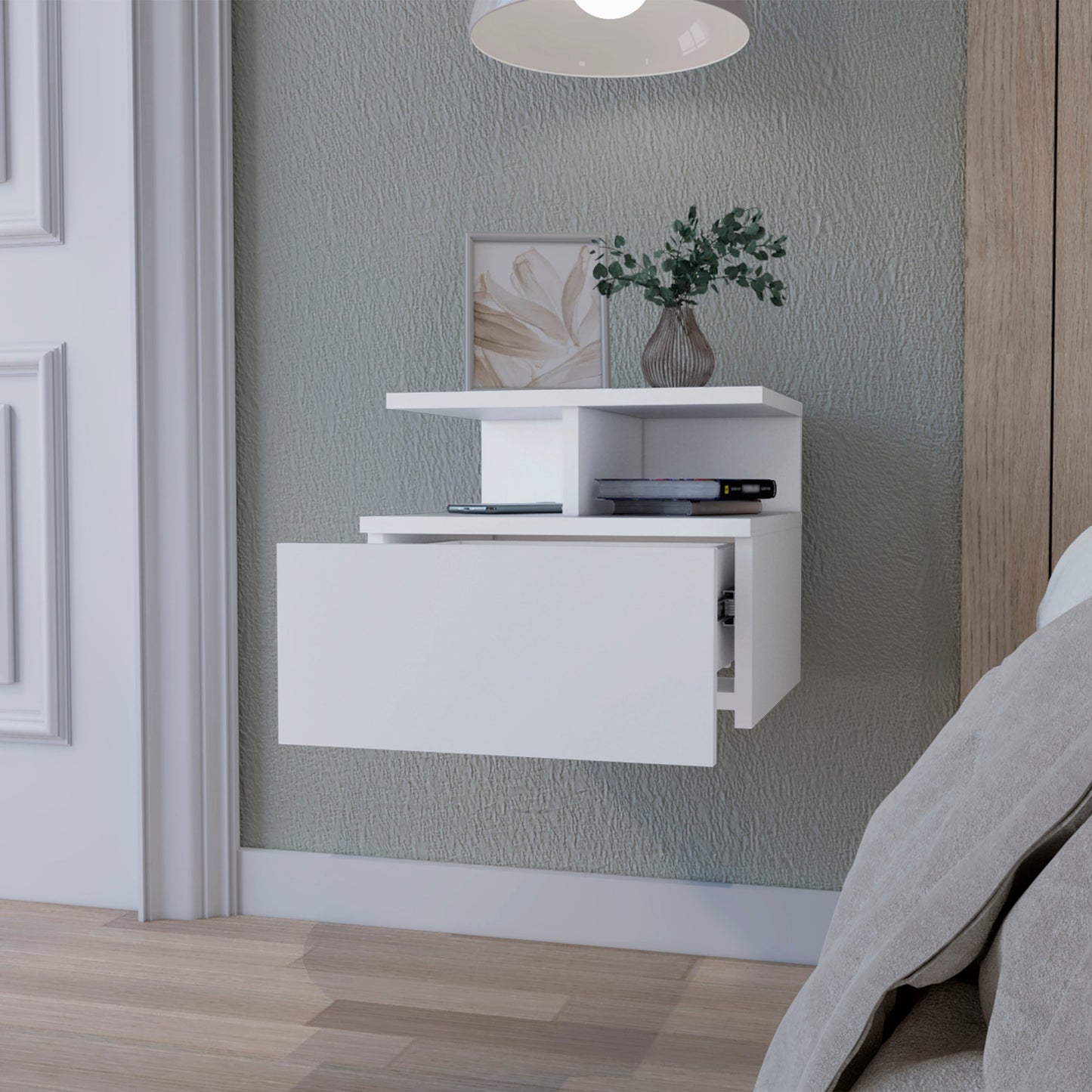 White Floating Nightstand with One Drawer for Bedroom