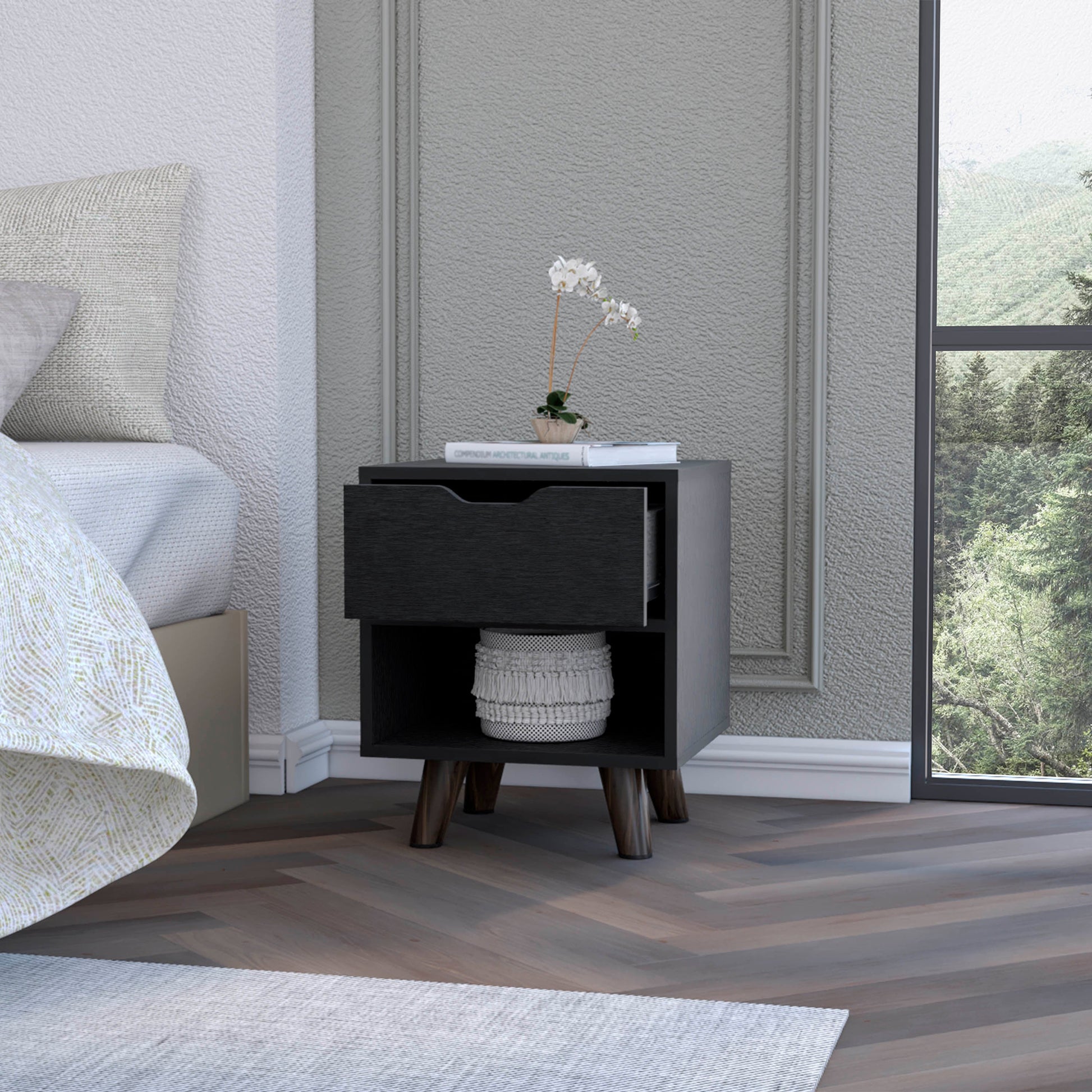 Wenge 1-Open Storage Shelf Nightstand - Black Finish