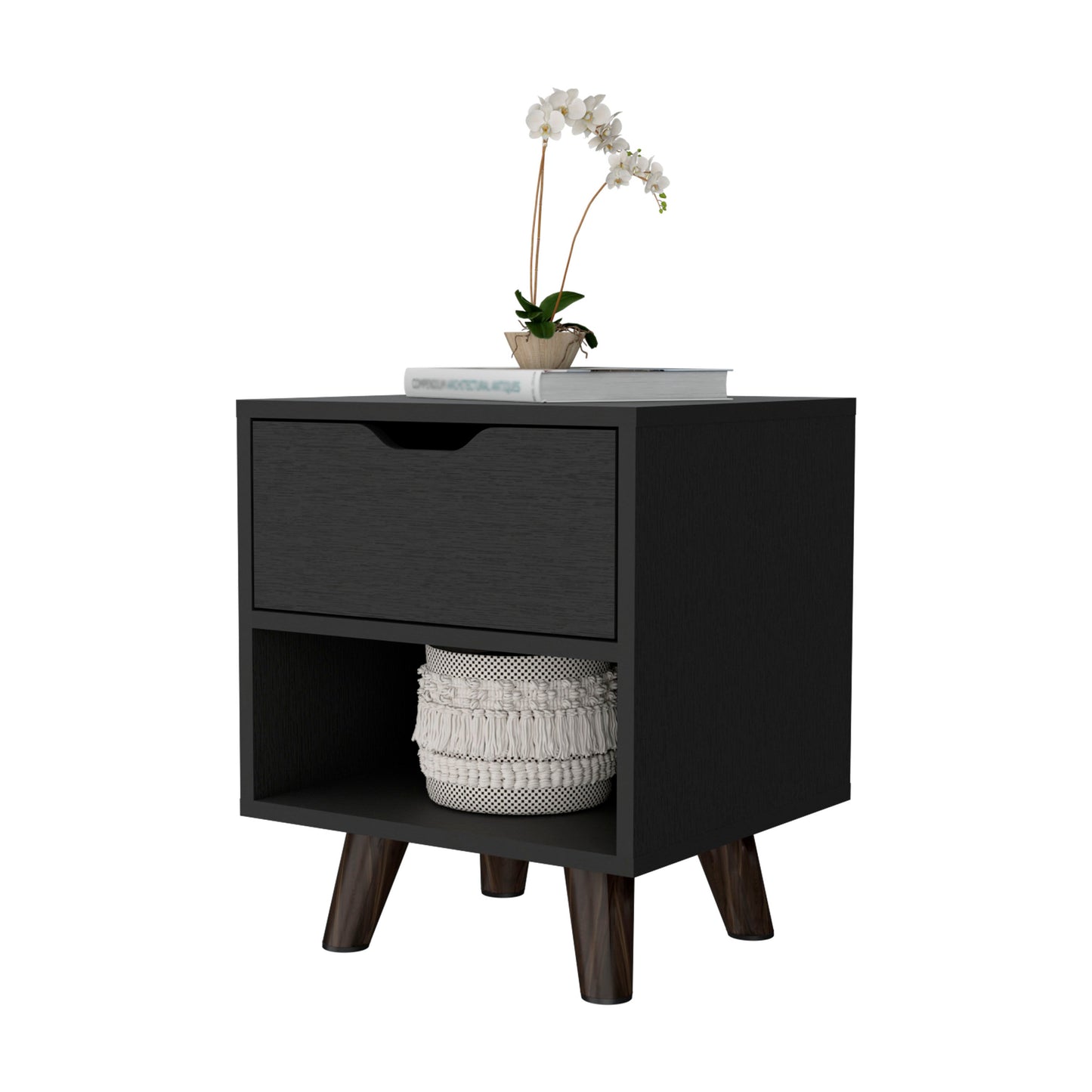 Wenge 1-Open Storage Shelf Nightstand - Black Finish