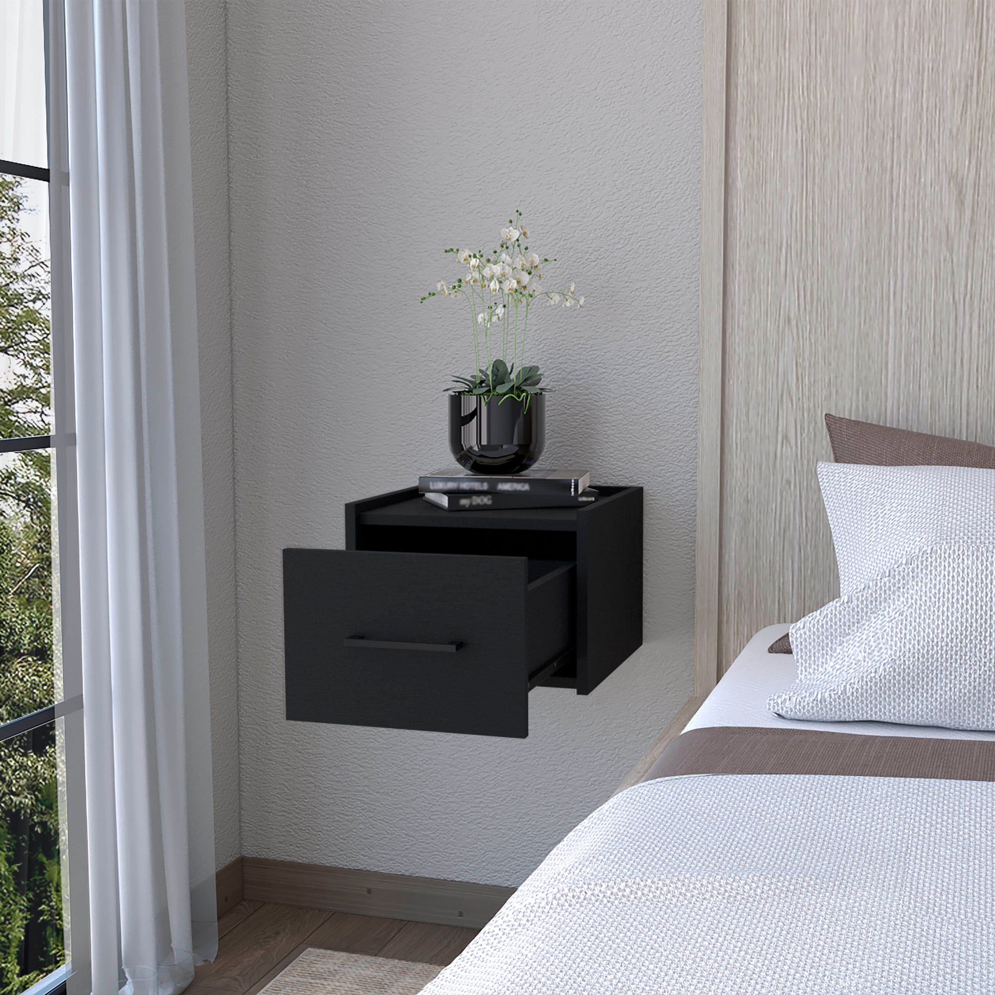 Wenge Floating Nightstand with One Drawer for Bedroom