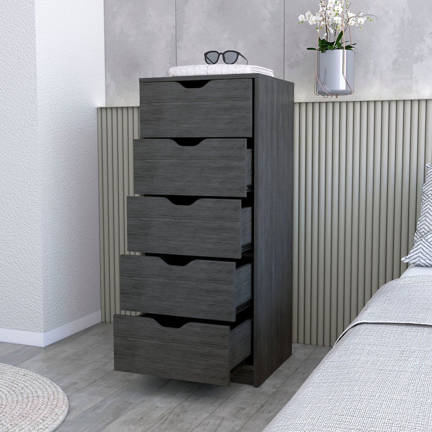Smokey Oak 5 Narrow Drawer Dresser - Gray Wood for Bedroom