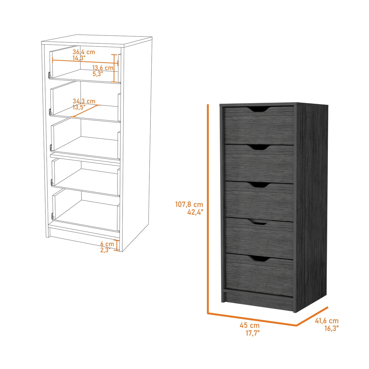 Smokey Oak 5 Narrow Drawer Dresser - Gray Wood for Bedroom
