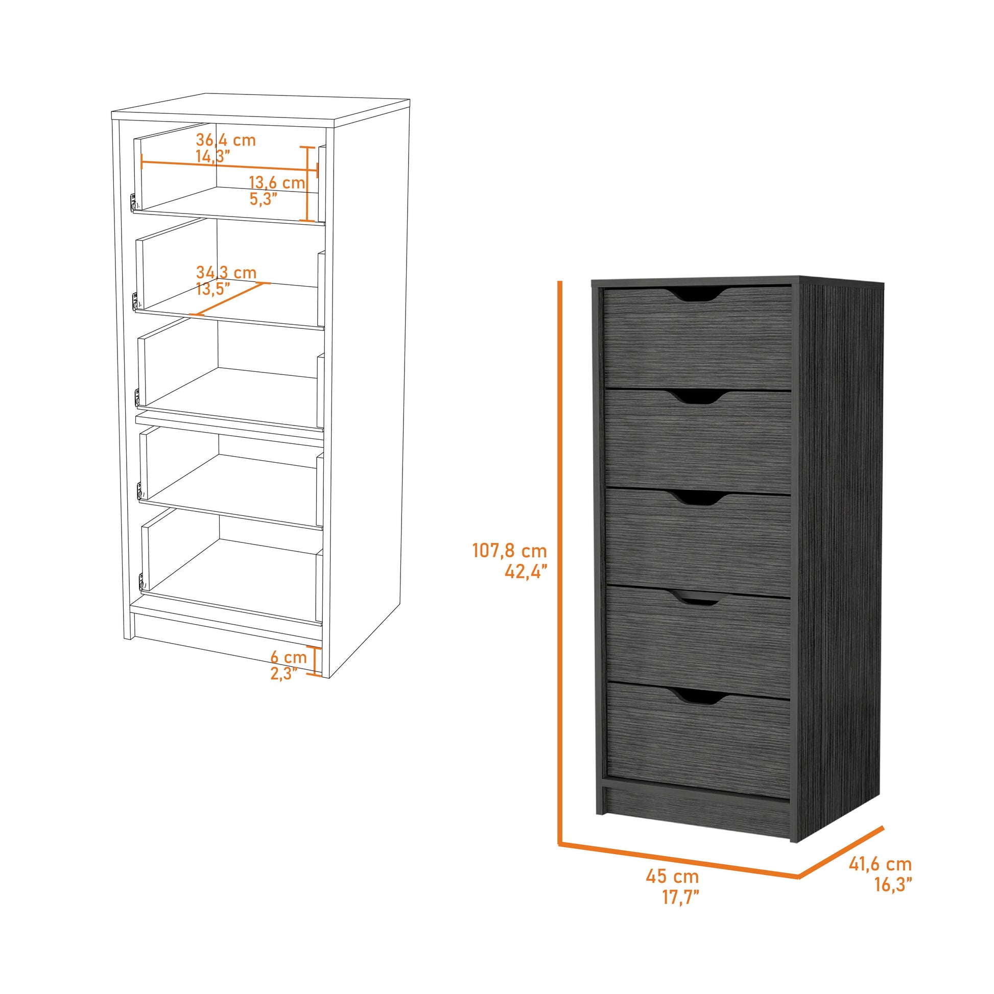 Smokey Oak 5 Narrow Drawer Dresser - Gray Wood for Bedroom