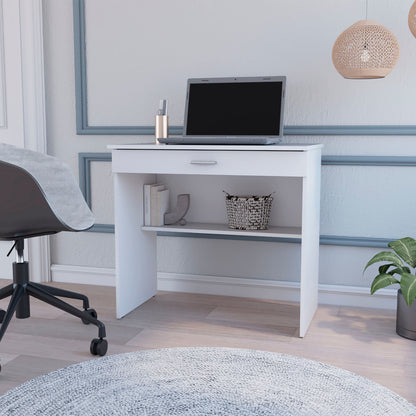 White Storage Desk with Drawer and Shelf - Work From Home Office