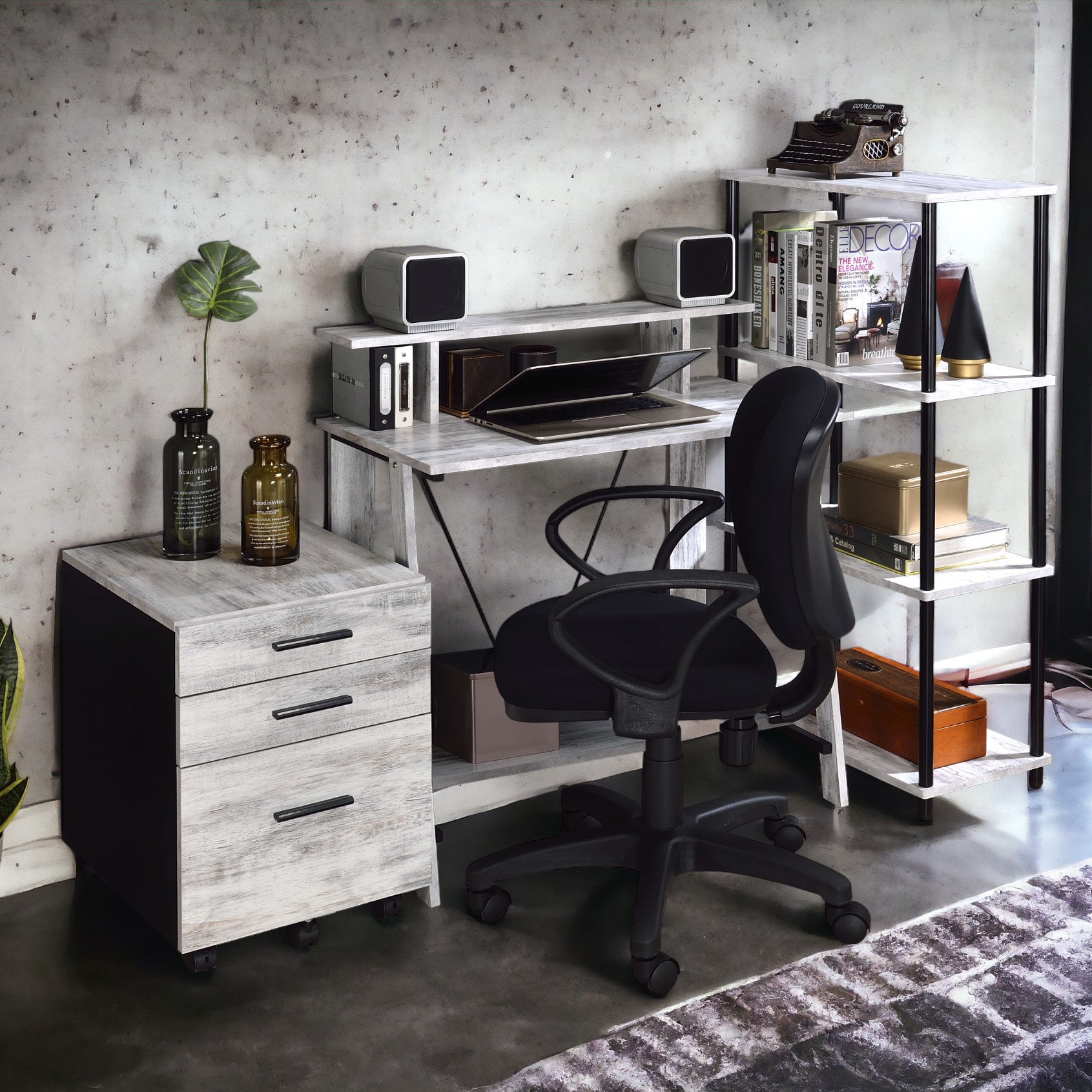 Modern Black Grey Wood Metal Desk with Storage Shelves for Office