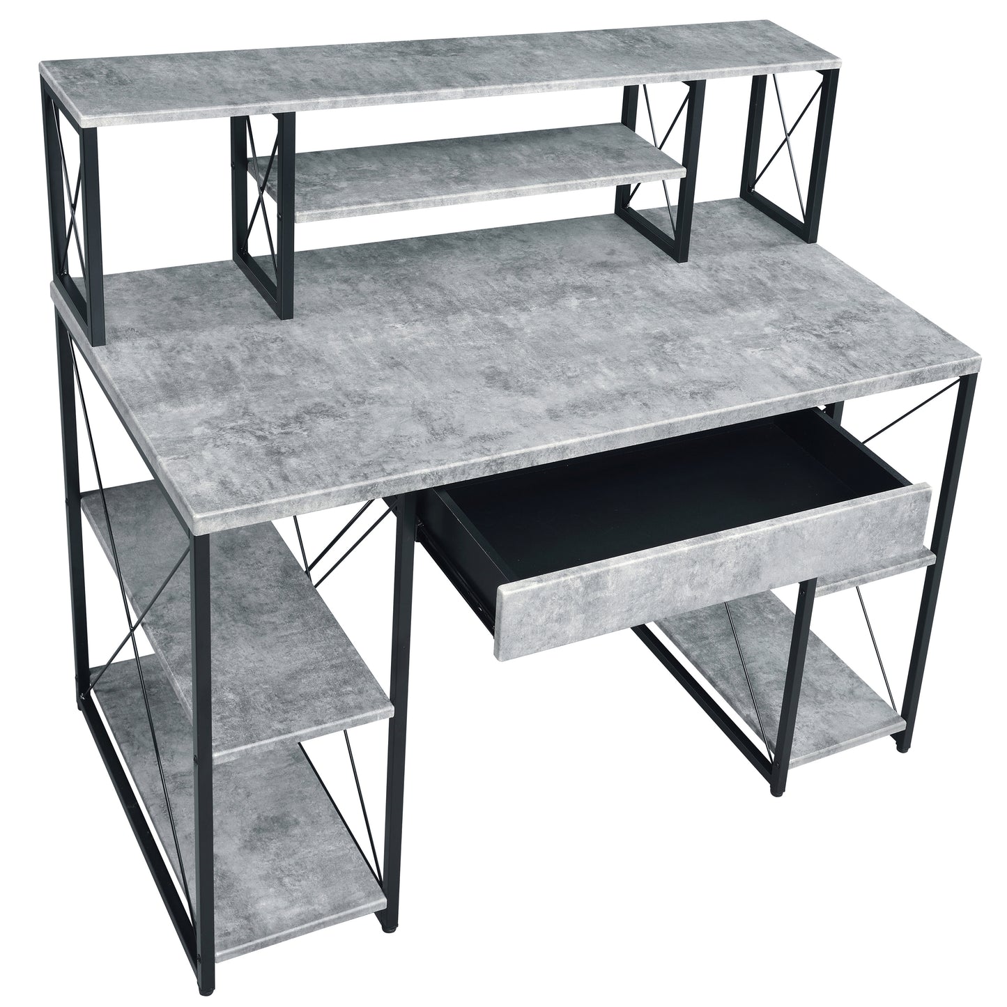 Black Grey Office Desk with Shelves - Recording Studio Desk