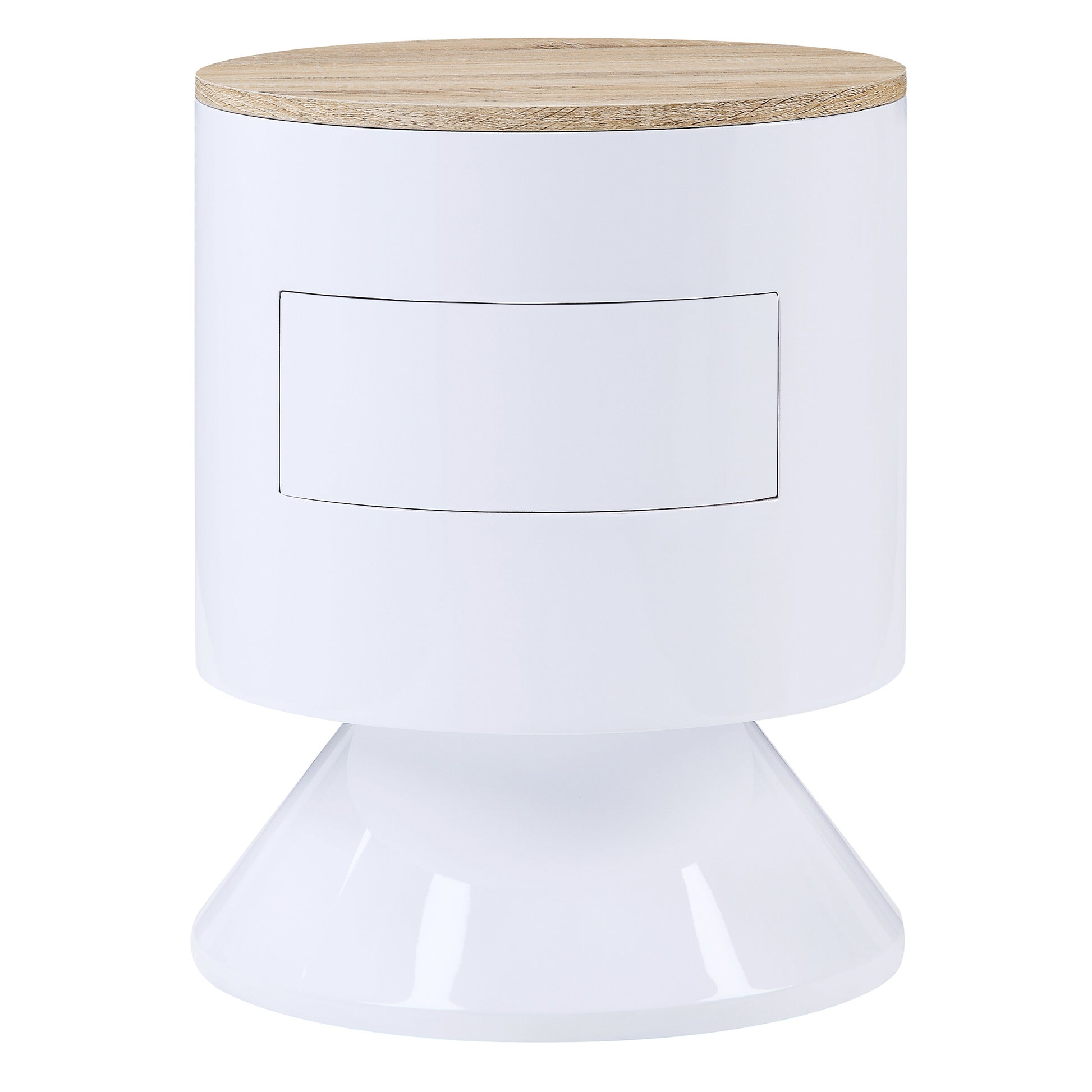 Round White Wood Nightstand with One Drawer
