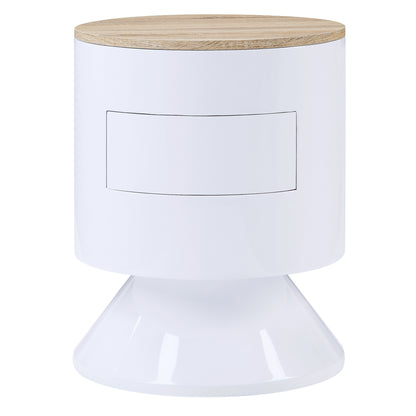 Round White Wood Nightstand with One Drawer