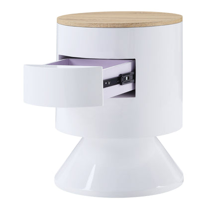 Round White Wood Nightstand with One Drawer