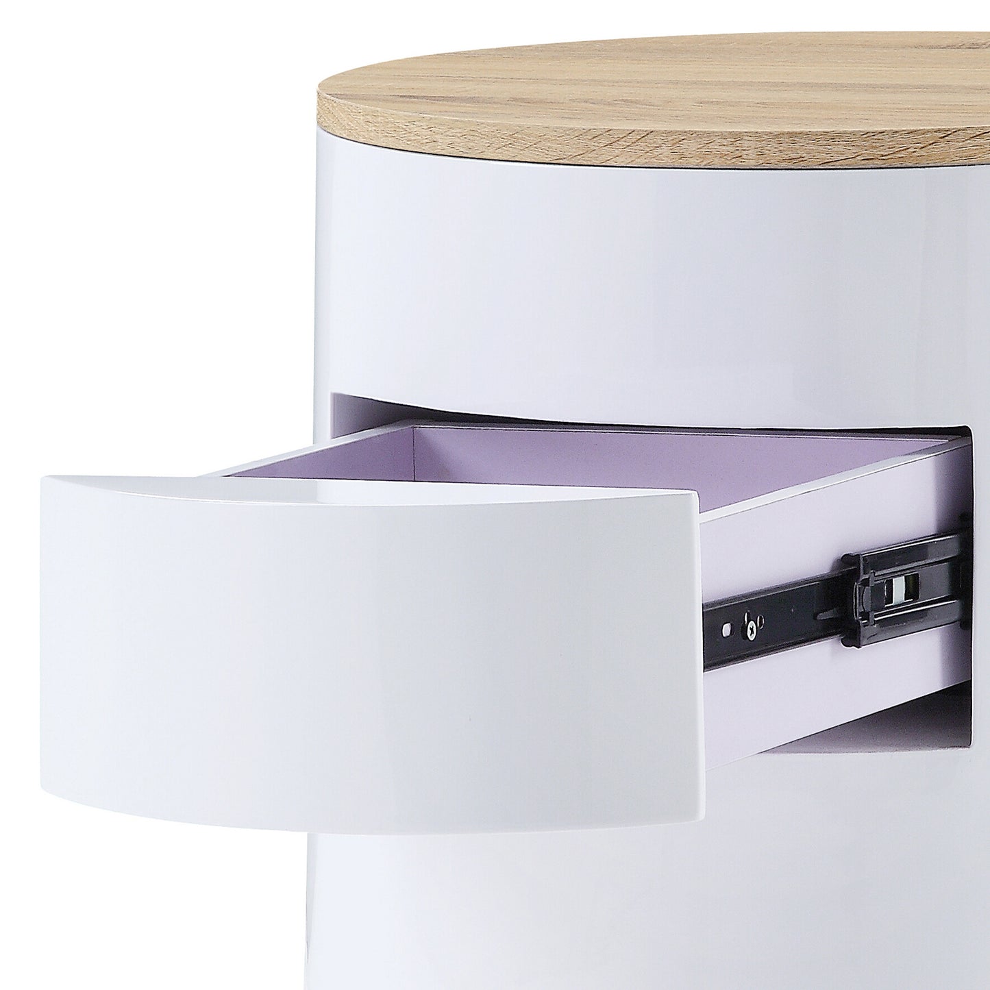 Round White Wood Nightstand with One Drawer