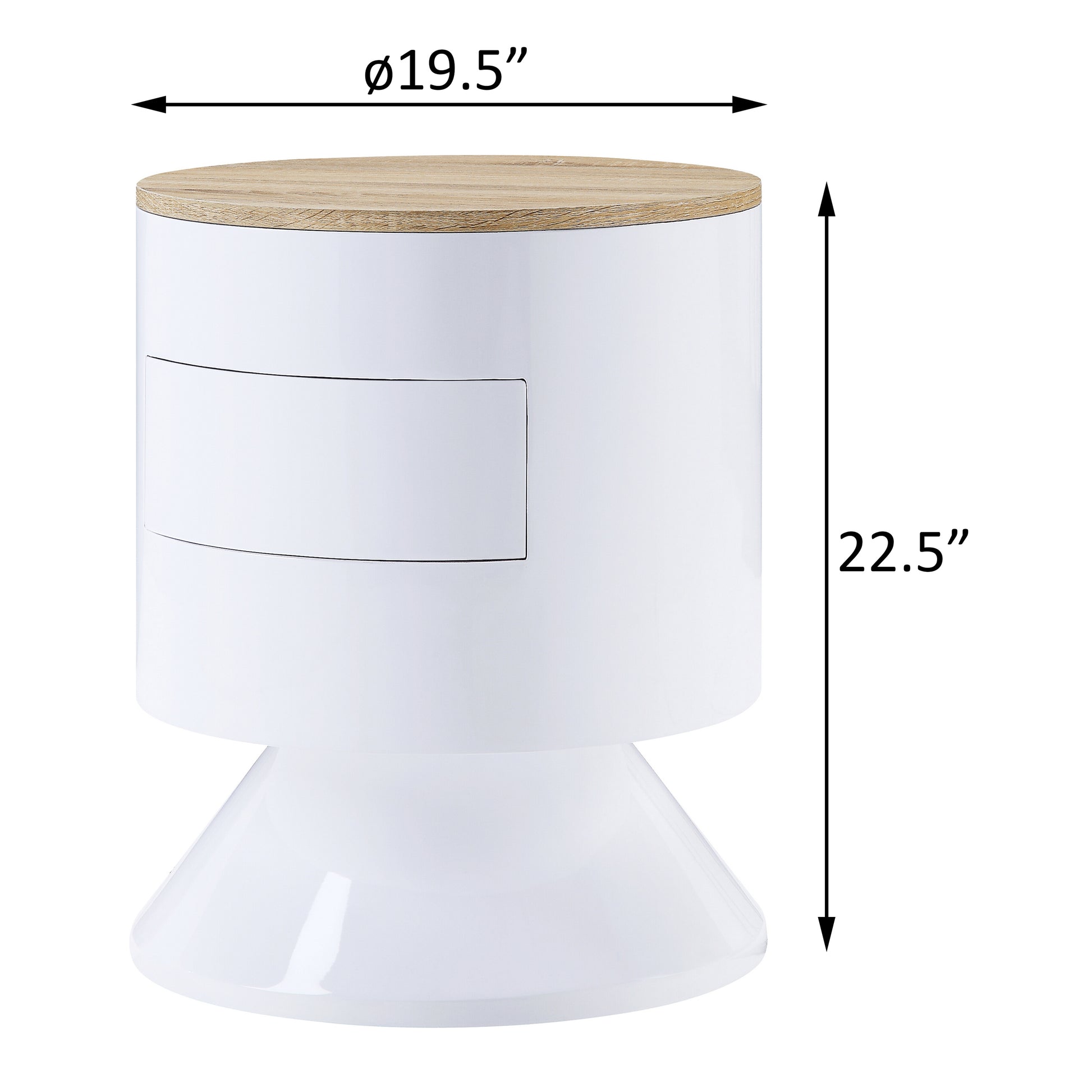 Round White Wood Nightstand with One Drawer