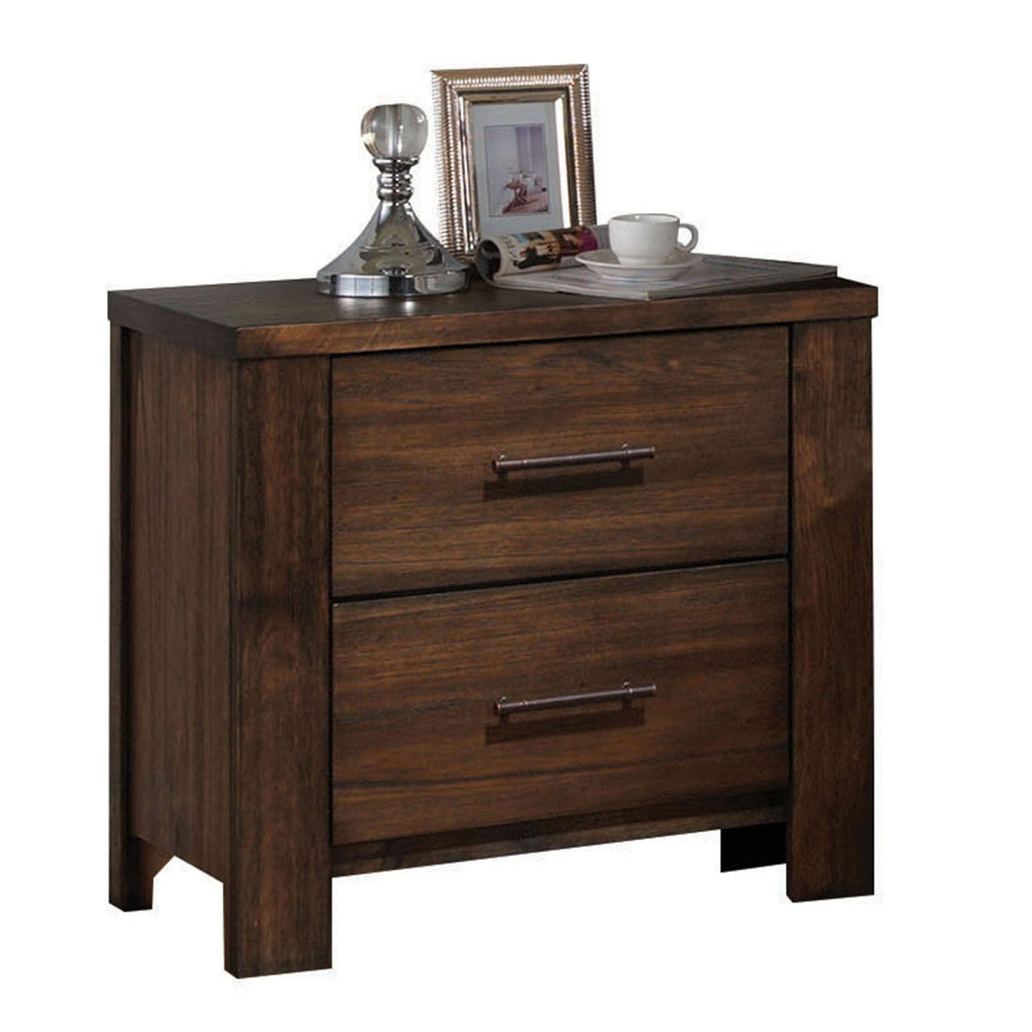 Vintage Oak Rubberwood Nightstand with Two Drawers for Bedroom Storage