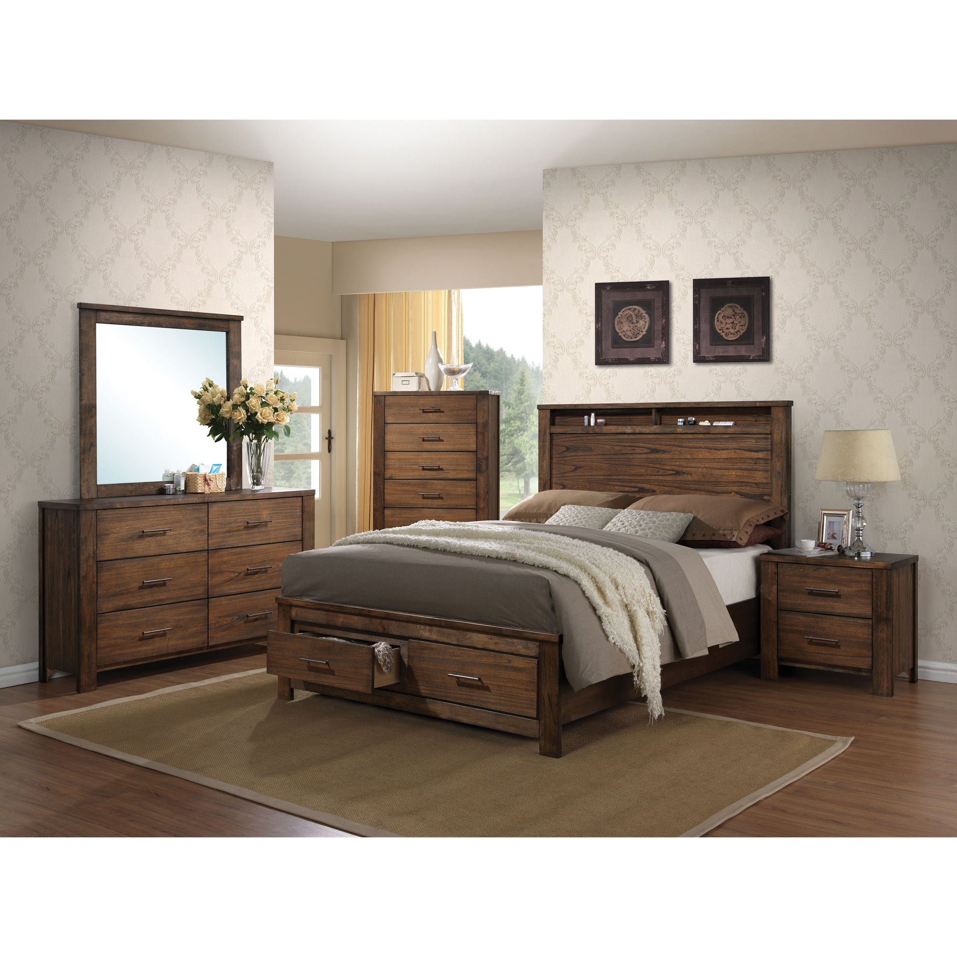 Vintage Oak Rubberwood Nightstand with Two Drawers for Bedroom Storage