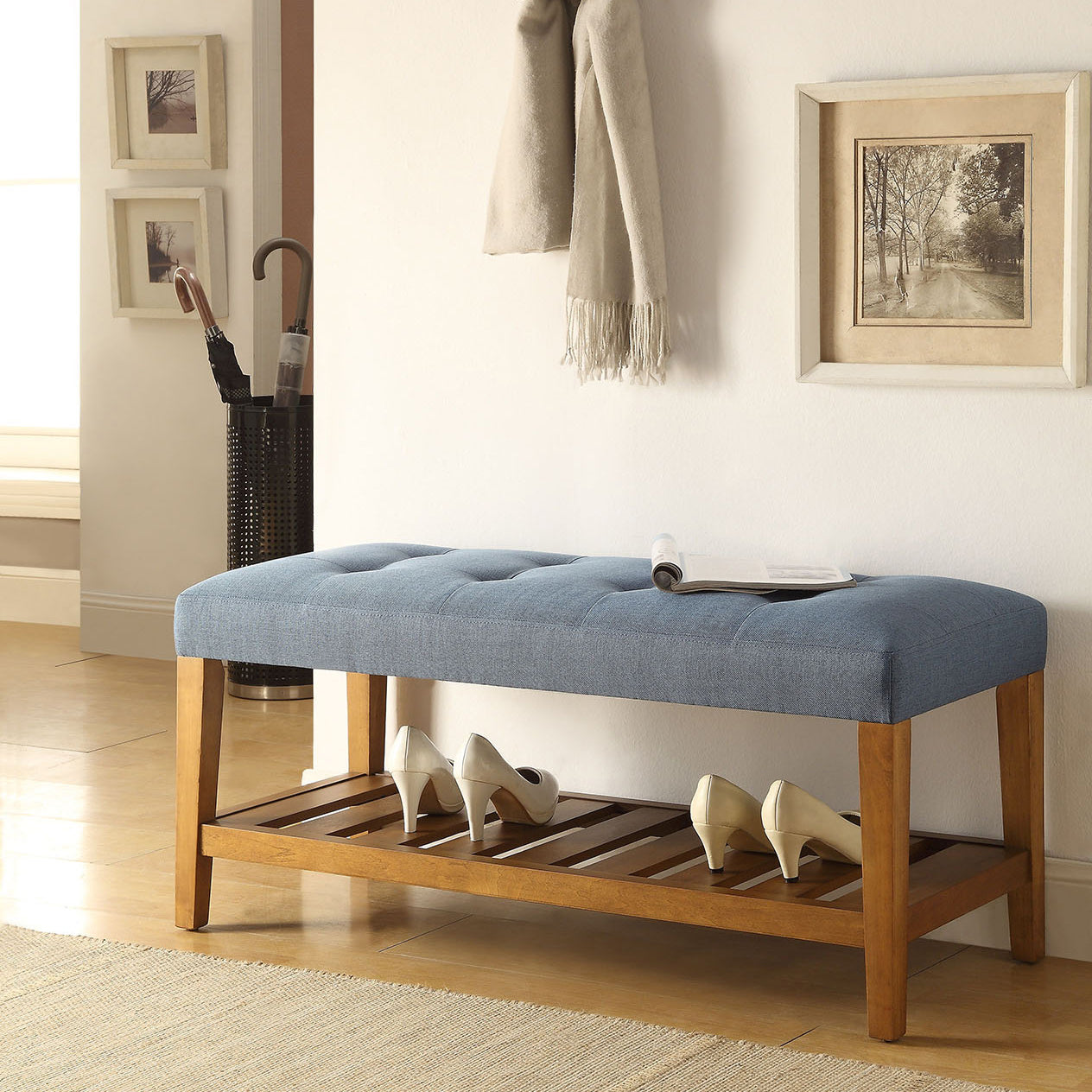 Light Blue Wood Frame Bed Bench with Storage