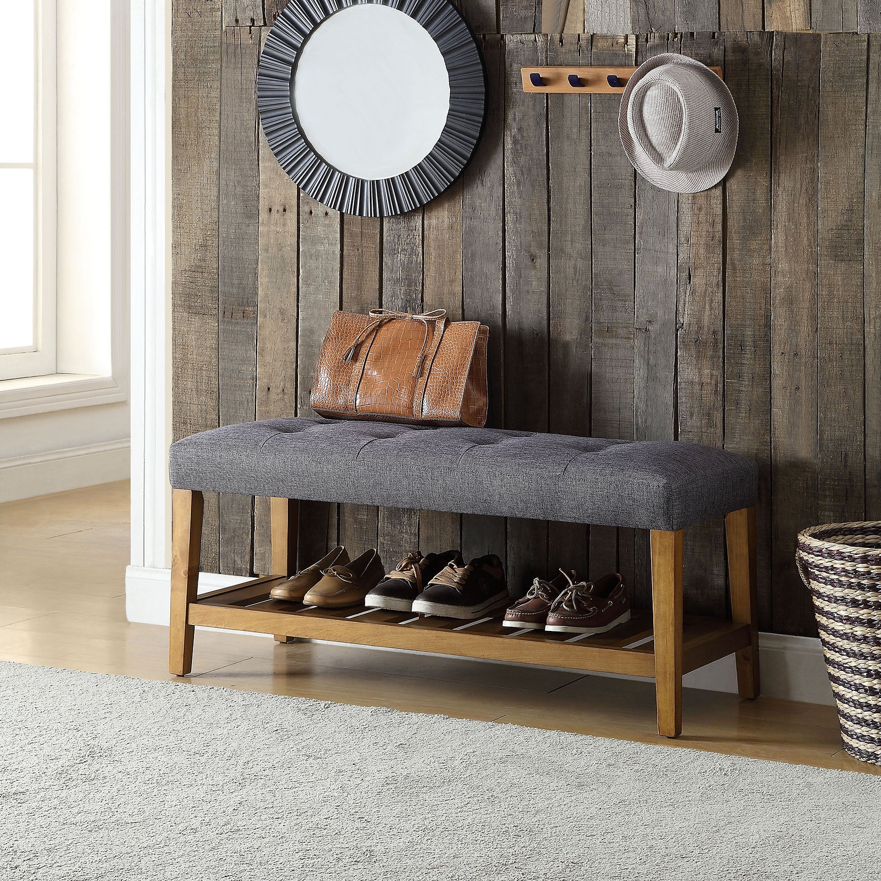 Grey and Oak Tufted Bench with Storage for Bedroom