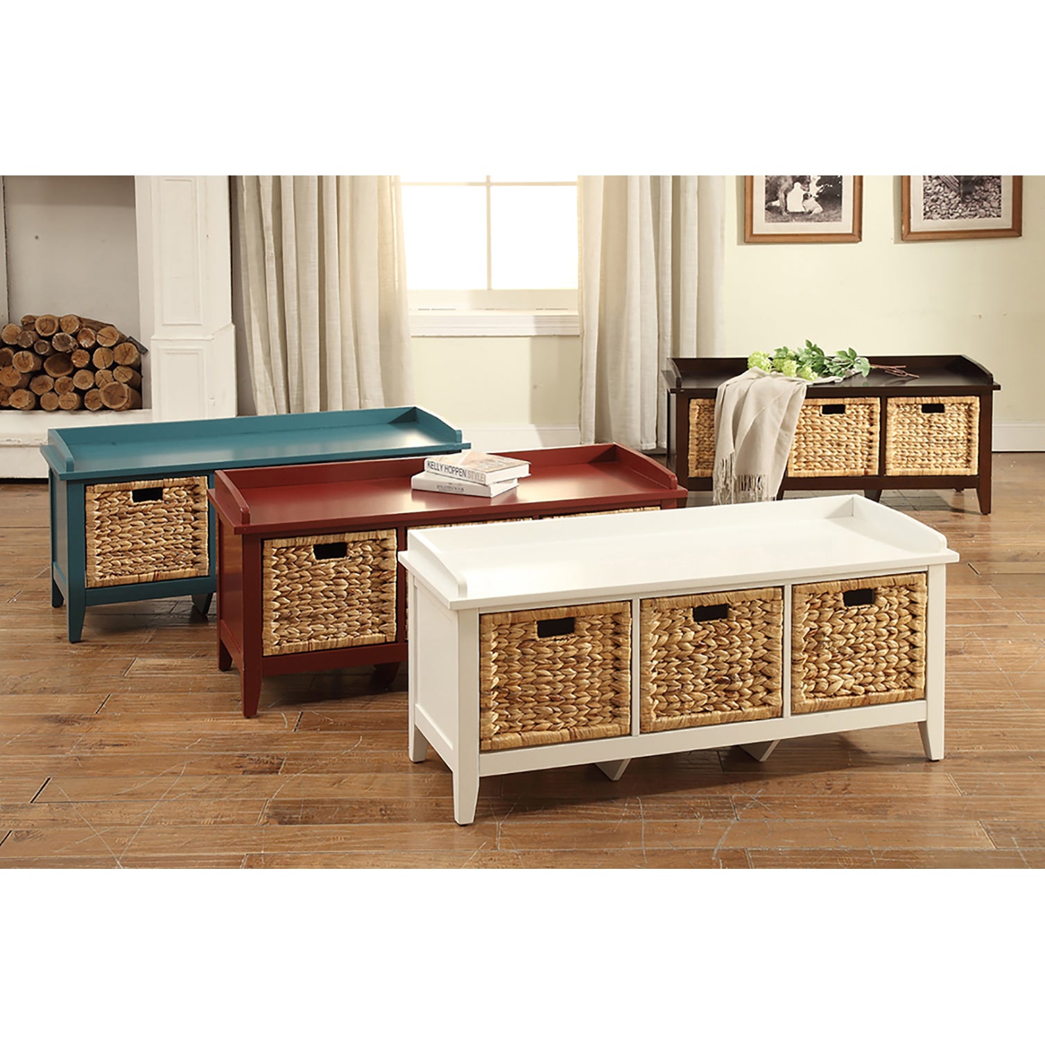 Teal Wood Bench with 3 Drawers - Bedroom Storage
