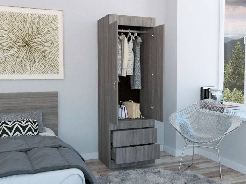 Light Gray Particle Board Bedroom Armoire with Hanging Storage