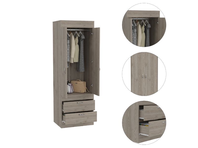 Light Gray Particle Board Bedroom Armoire with Hanging Storage