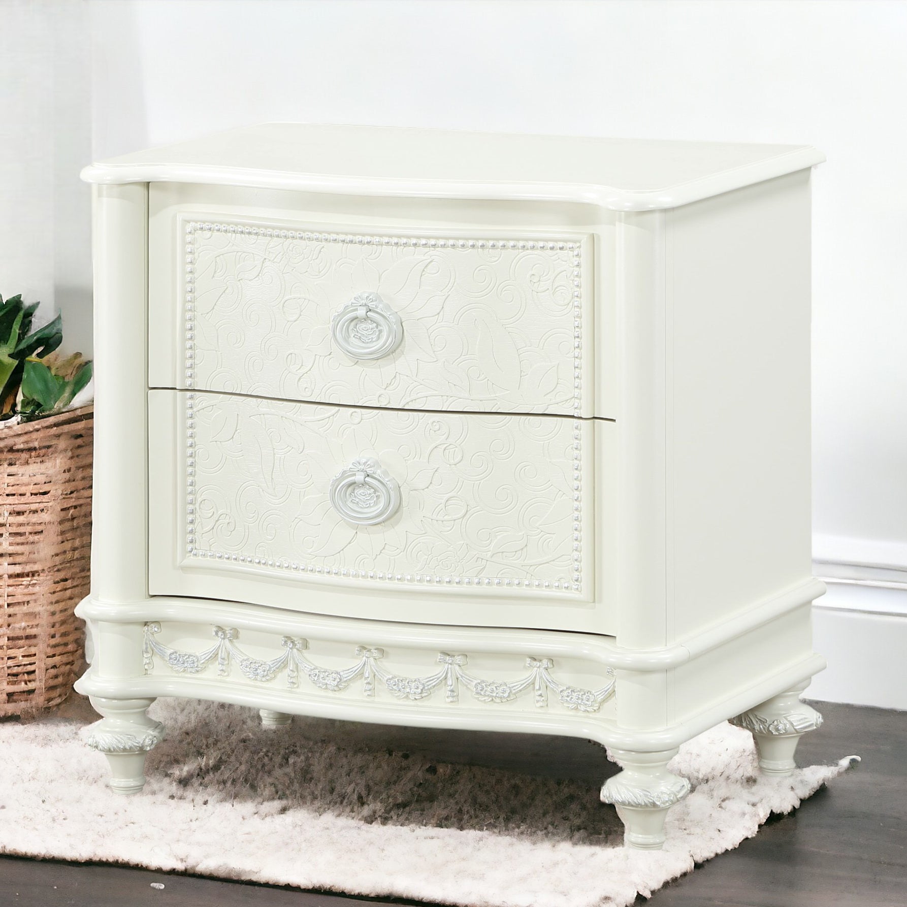 Ivory Wood 2-Drawer Nightstand for Bedroom Storage