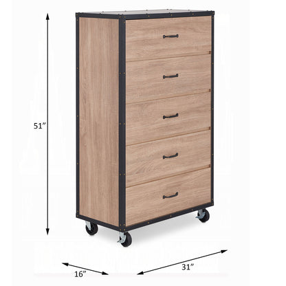 Oak 5-Drawer Dresser with Caster Wheels for Bedroom