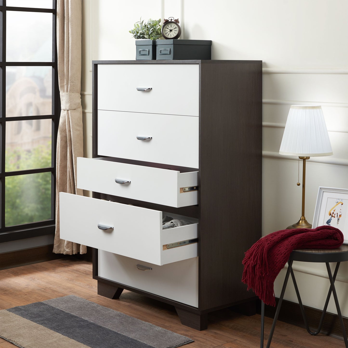 Espresso White 5 Drawer Chest Bedroom Storage