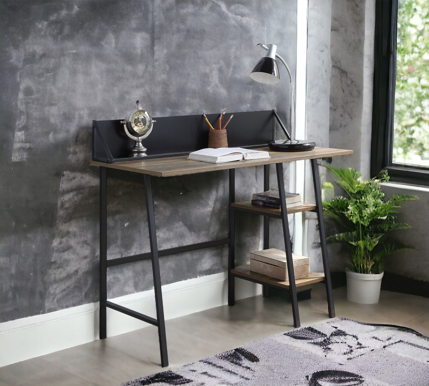 Oak Writing Desk with 2 Shelves - Office Desk