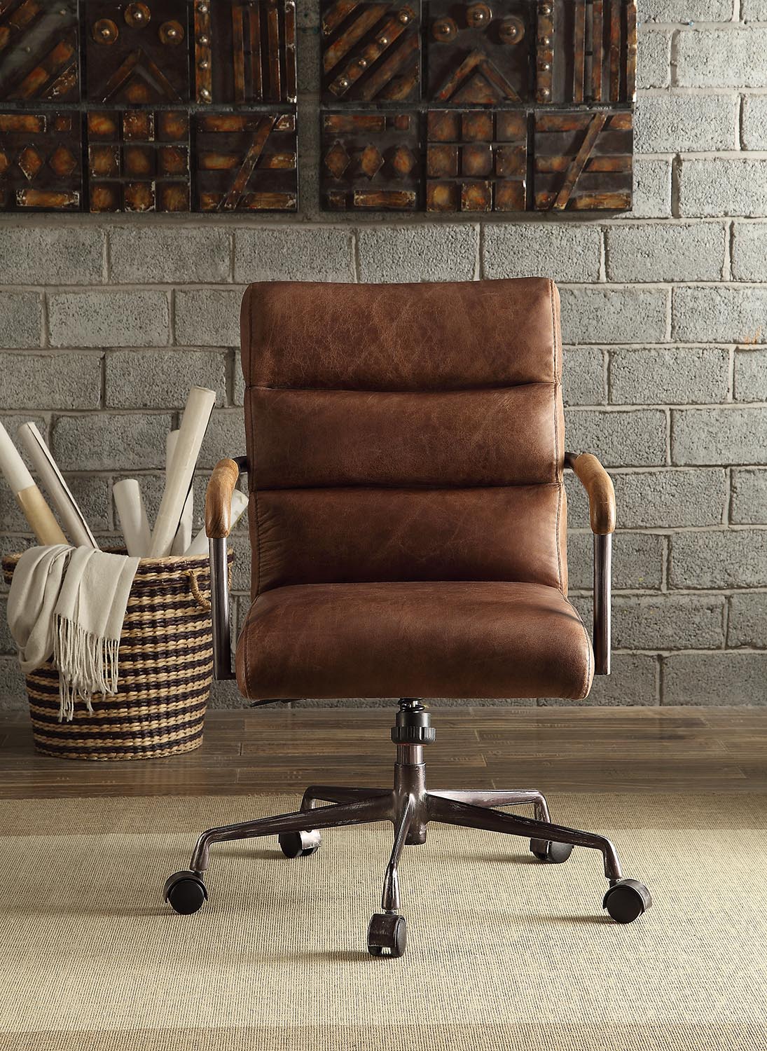 Retro Brown Swivel Office Chair - Genuine Leather