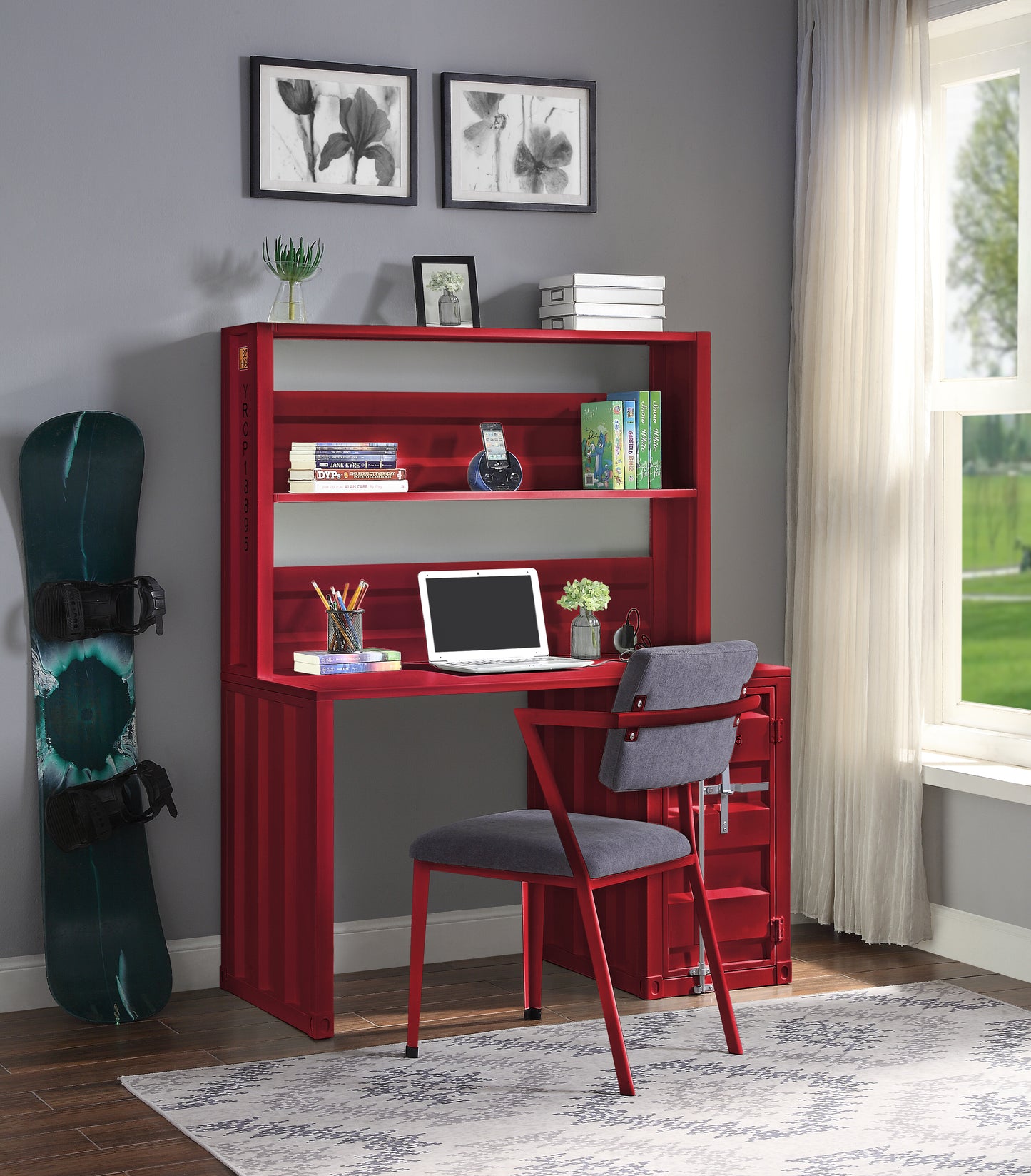 Red 1-Door Writing Desk with Hutch