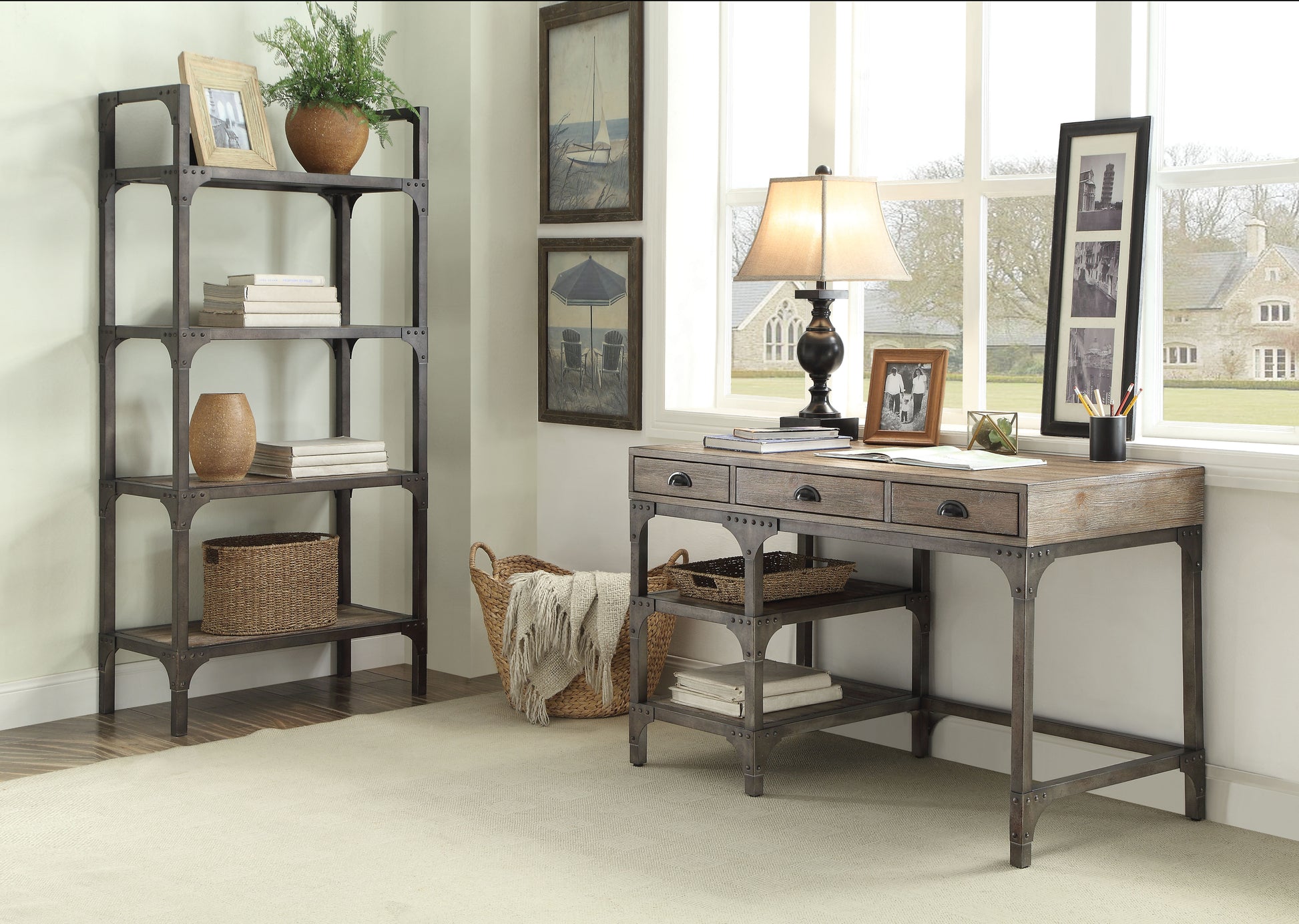 Oak Silver Writing Desk - 3 Drawer Rectangular Office Desk