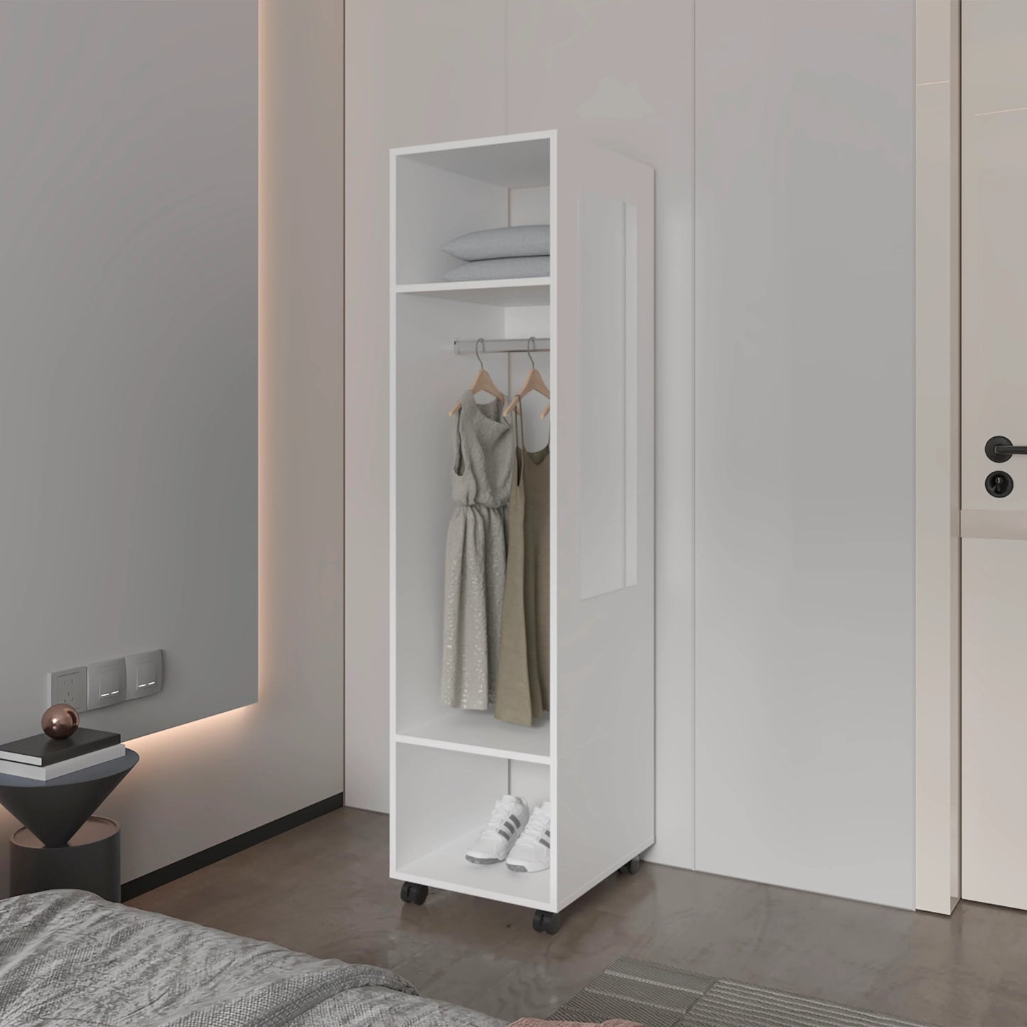 White 3-Shelf Wardrobe with Mirror and Open Storage